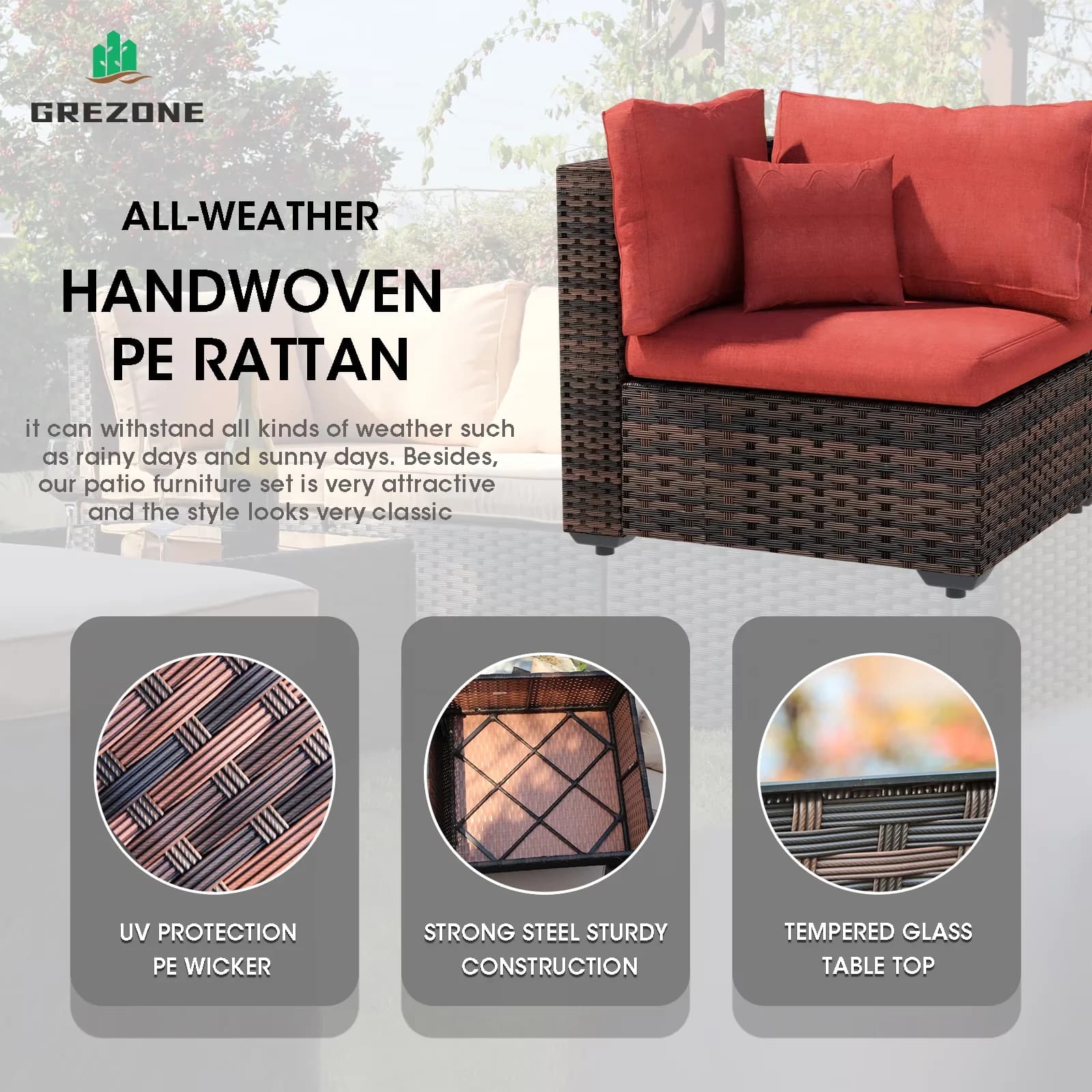 Sleek Patio Conversation Set with 55000 BTU, Weatherproof, Outdoor Garden 12 Piece Furniture - Red Steel Tube;Polyester;Pe Wicker;Sponge Model 47DF18