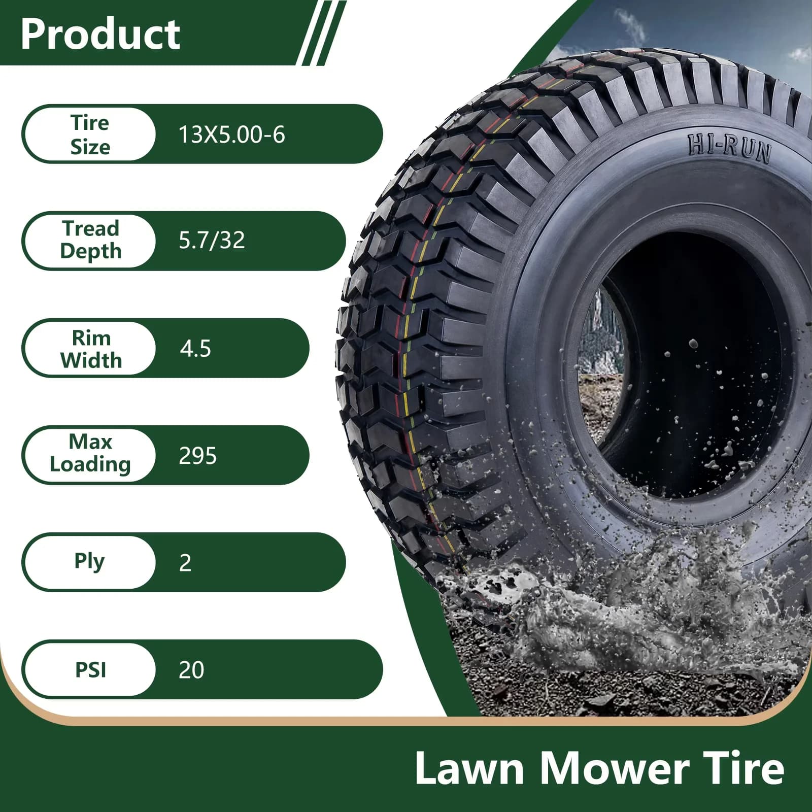 Lawn Mower Tire Versatile with Smooth, SU12 13x5.00-6 2PR Light Duty and Garden - Black Model 9E452B
