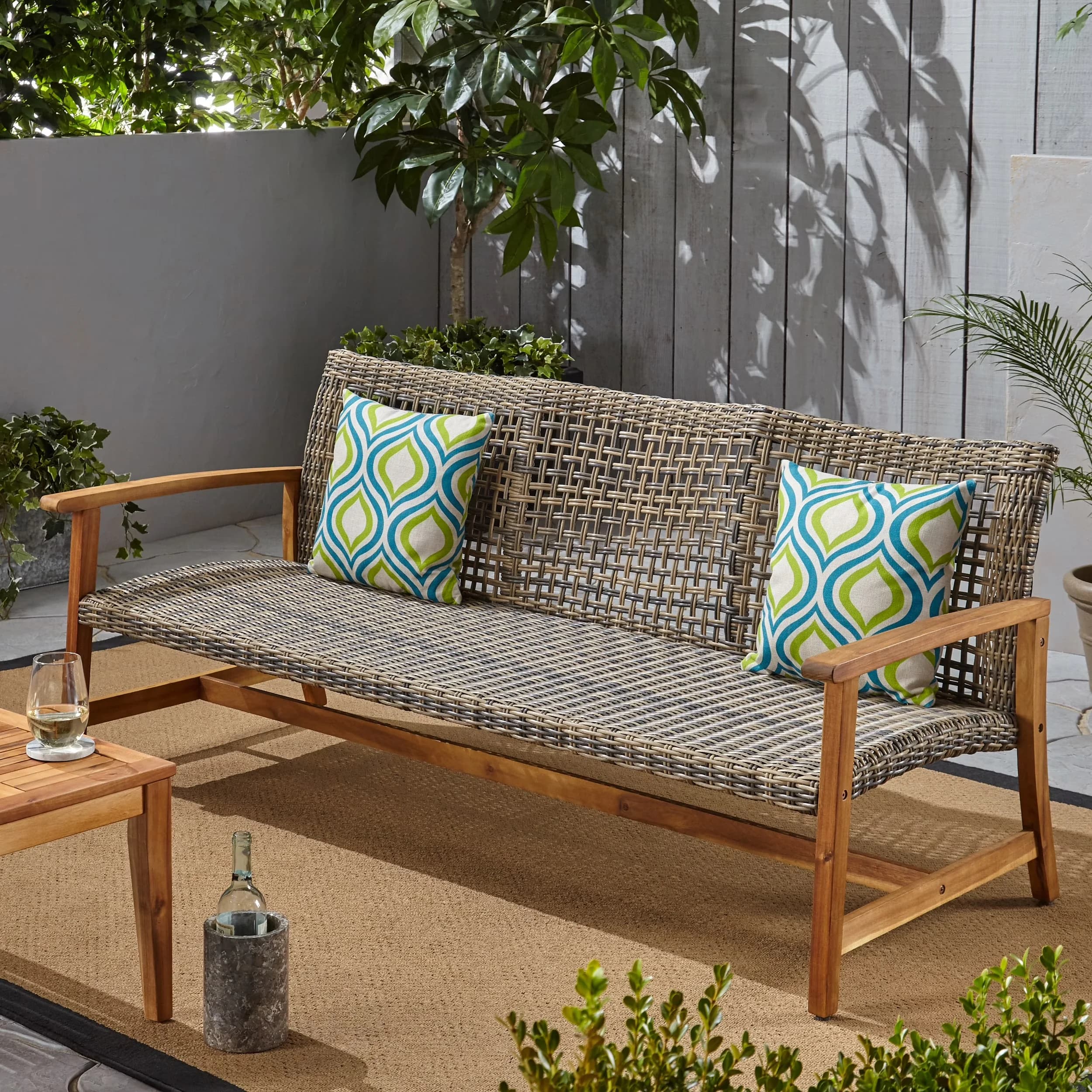 Classic Outdoor Sofas Sectional with Weather-Resistant, All Weather Rattan Couch - Natural+Gray Acacia Wood, Wicker, Iron Model DD7122