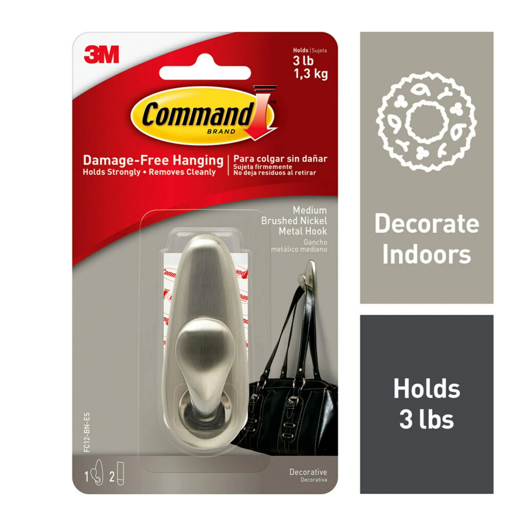 Damage-Free Hanging Essential with Easy Installation, Wall-Mountable, Medium - Silver Metal Model D2F253