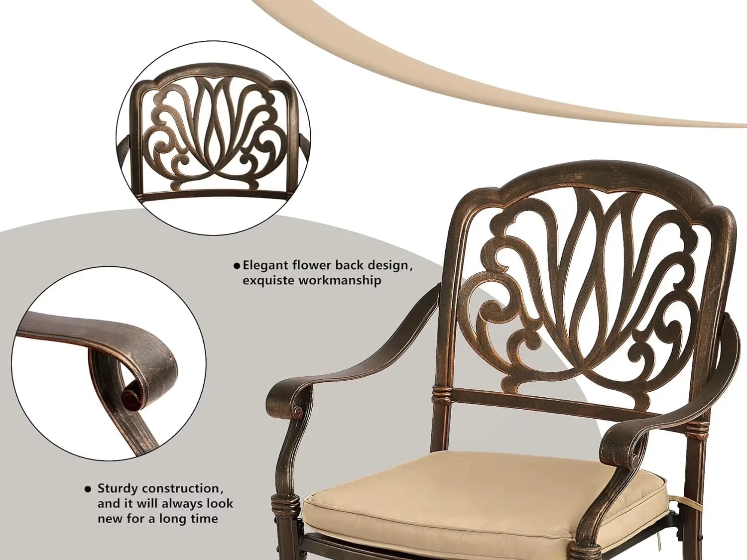 Versatile Patio Dining Set with Khaki Cushions and 1 Umbrella Table - Cast Aluminum Bronze Model 90B691