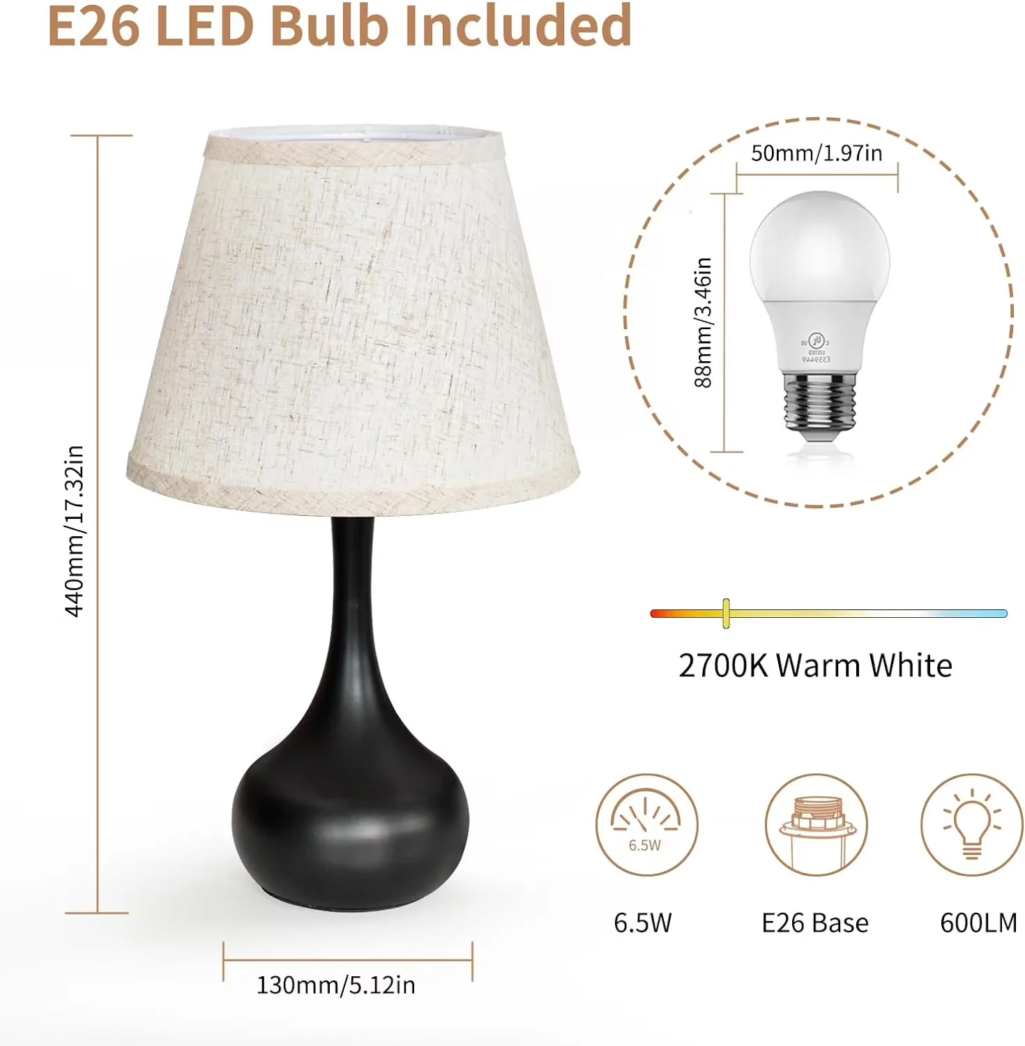Table Lamp Durable with LED, Dimmable, 17.32" Touch Bedside - Metal Black for Bedroom Model 97C69C
