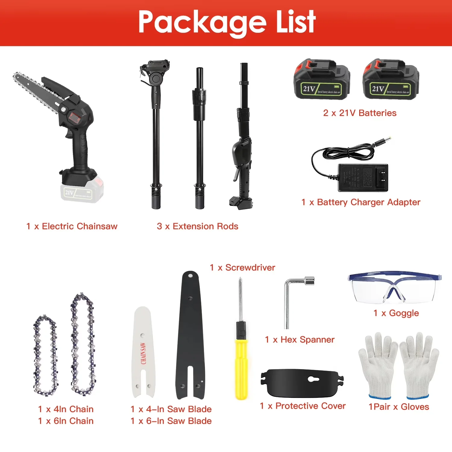 Chainsaw Durable with Battery, 21V, Telescoping - Black for Home and Office Model 3B5DE7
