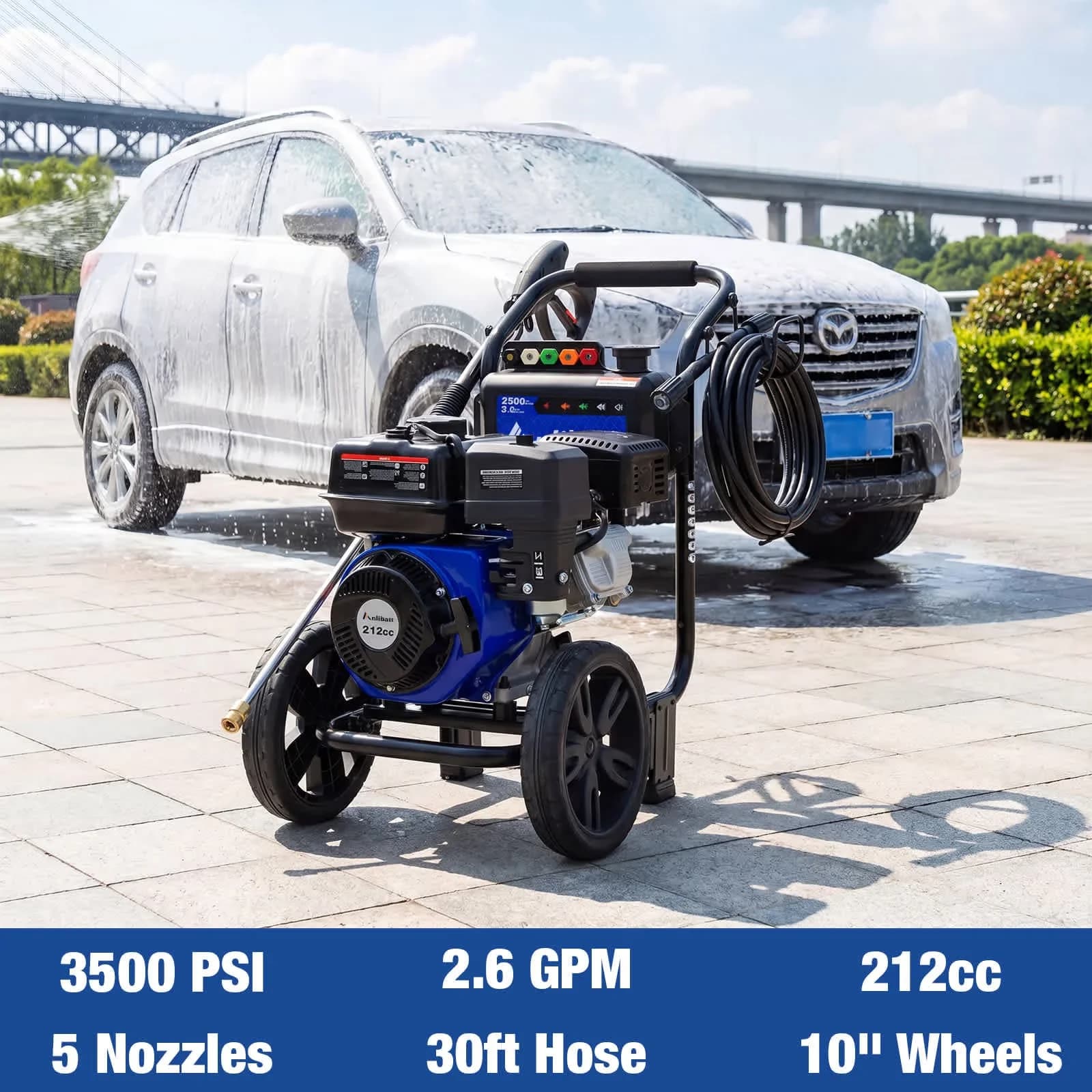Compact Pressure Washer with Soap Tank 30Ft Hose - Space-Saving Design Model F7B0CD
