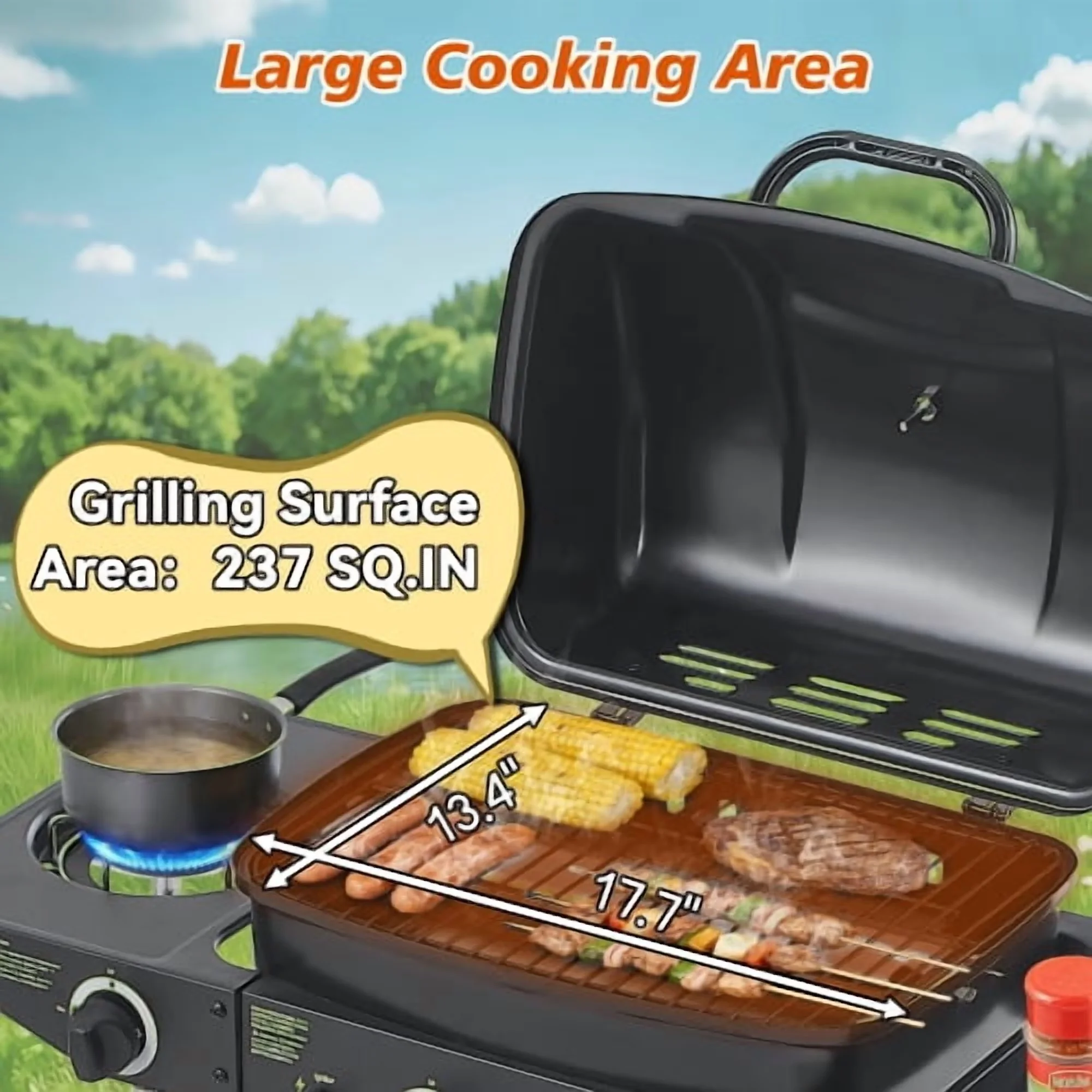 Durable Gas Grill with 24000 BTU, Enclosed Cabinet, Stainless Steel Enameled Grates - Black Steel Model 61E63A