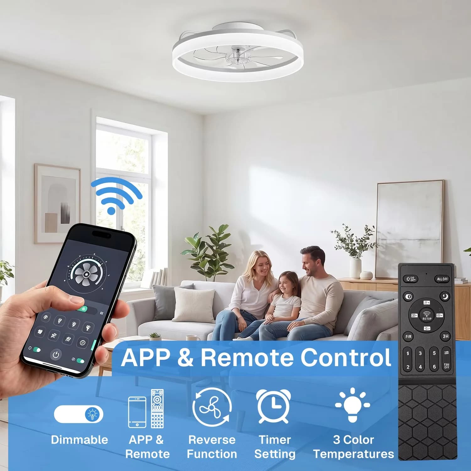 Stylish Ceiling Fan with LED, Bluetooth Compatible - White for Living Room, Bedroom Model 89F108
