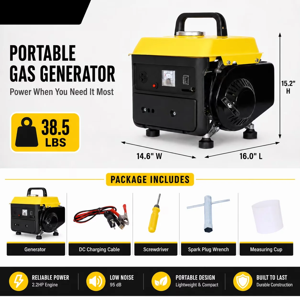 Sleek Generator with Portable Gas Powered, 38.5lbs Light Weight 2-stroke Engine, Home Backup Low Noise - Model 1D8ADD