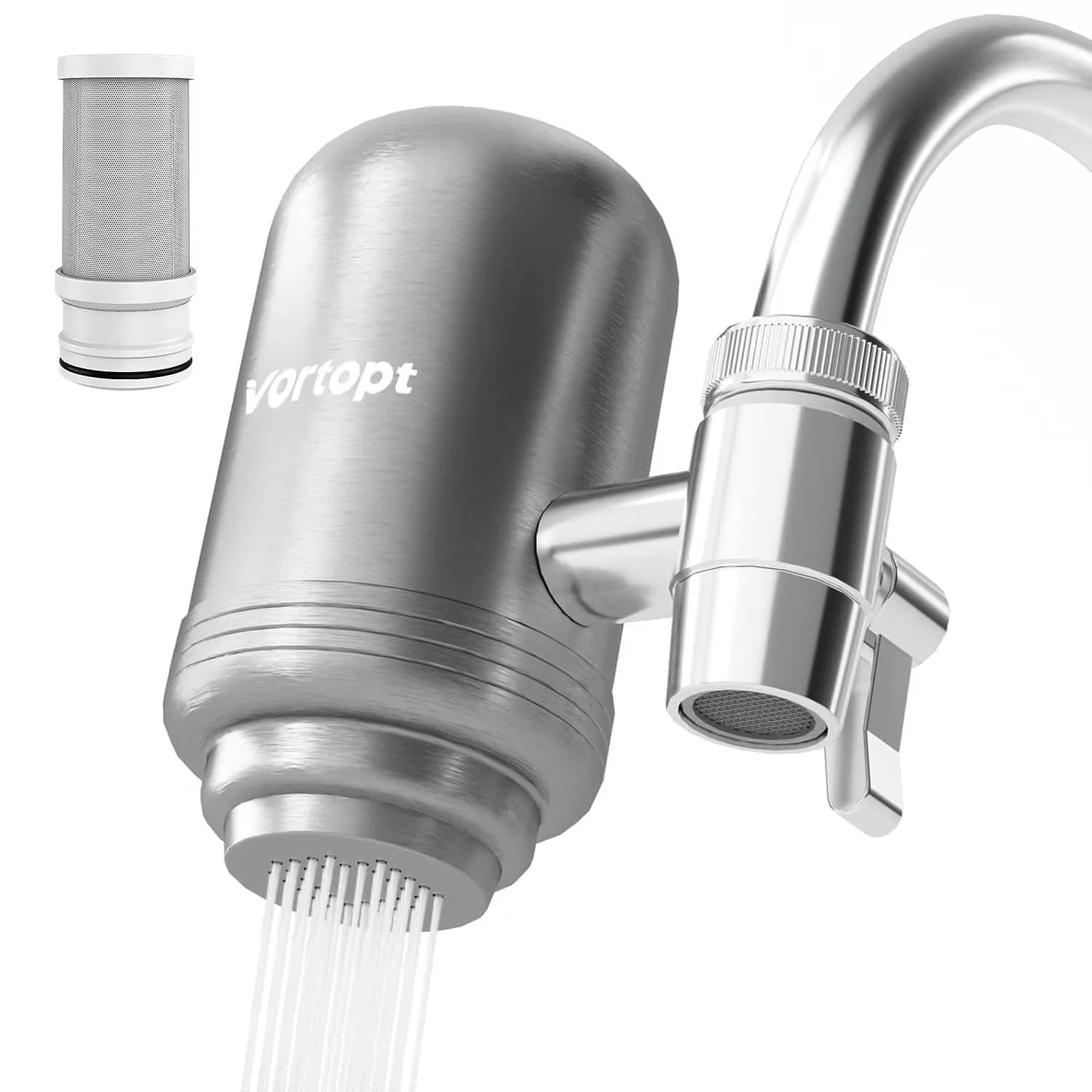 Classic Water Filtration with Twist And Lock Design, T2 Faucet Filter - Silver 304 Food Grade Stainless Steel Model 31F3E8