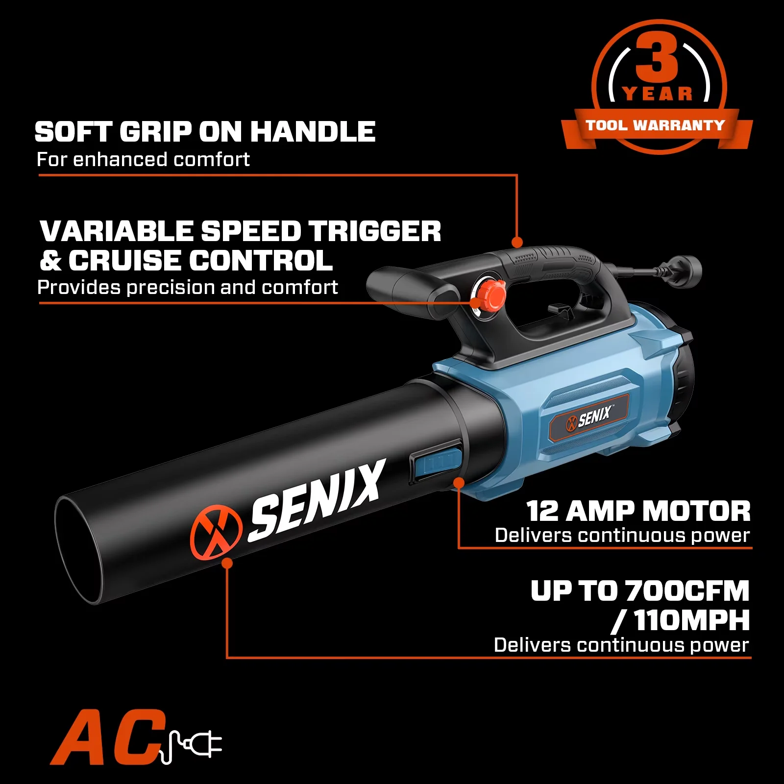 Reliable Leaf Blower with 120V, Variable Speed, 17.5N Blowing Force for General Purpose - Model 3A66CA