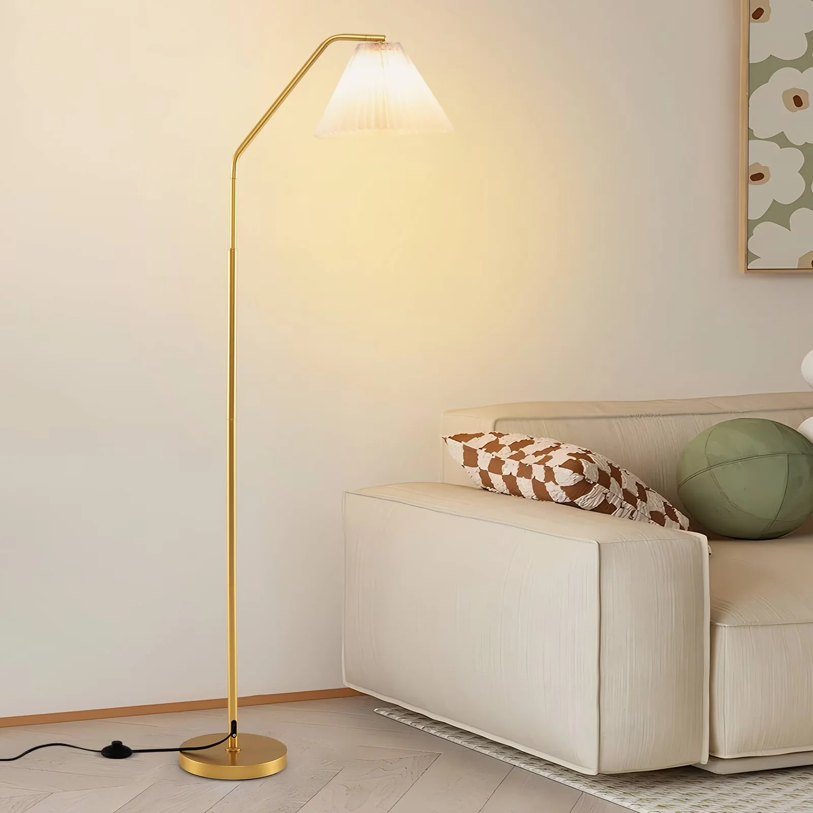 Compact Floor Lamp with Arc, Pleated Lampshade & Foot Switch, Adjustable Head - White Metal, Pvc, Polyester Fabric Model 7315E4