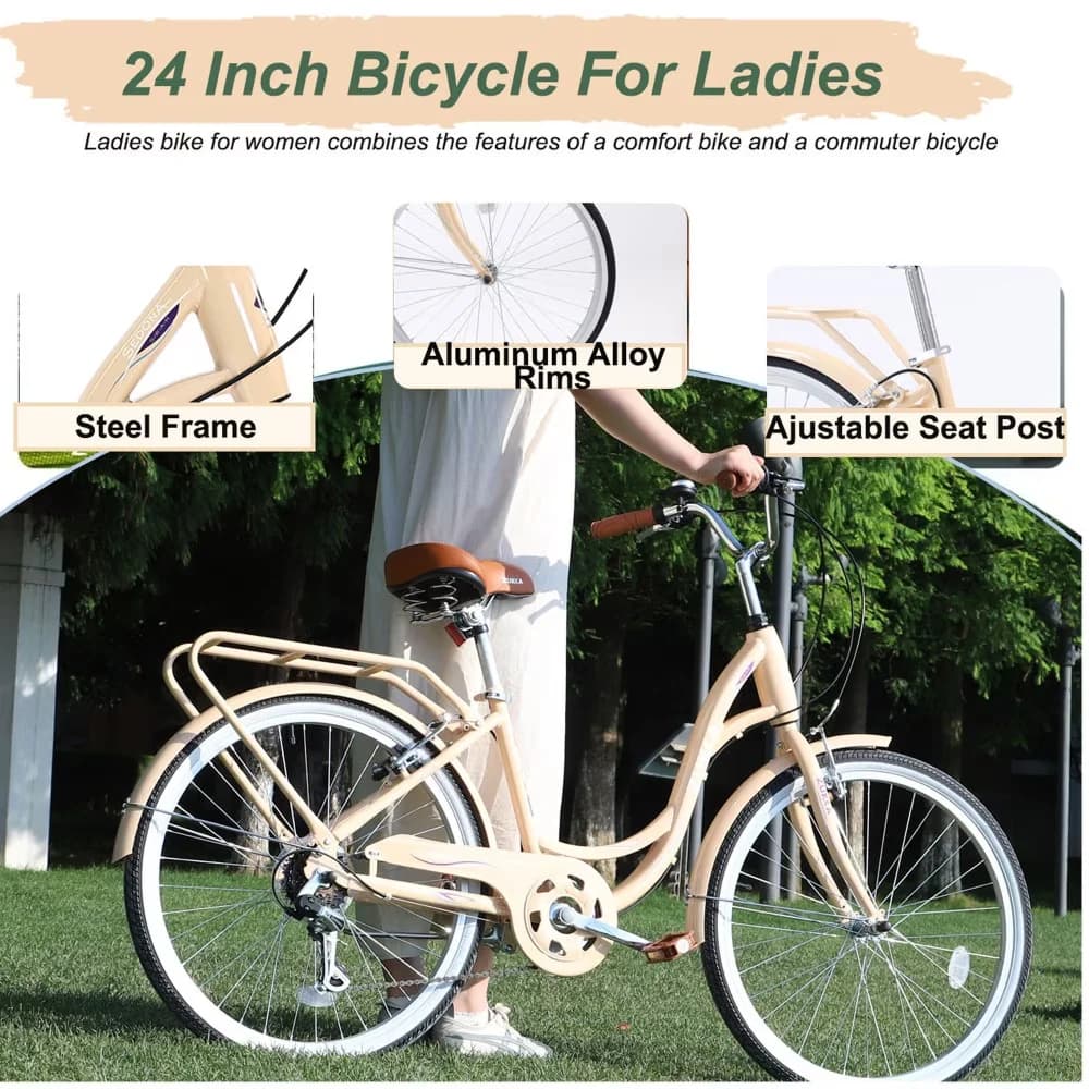 Modern Cruiser Bike with Adjustable Seat Height, Multiple Colors 24 Inch Ladies Bicycle, Steel Frame - Beige Model 74284D