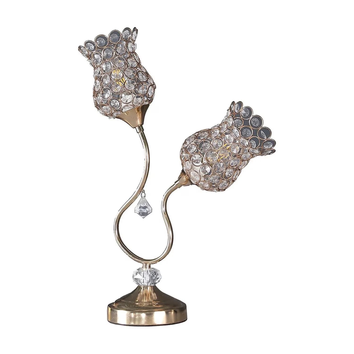 Table Lamp Compact with Incandescent, Metal, Floral Trumpet Shade and Crystal Accents - Gold Metal Model 68D8EC