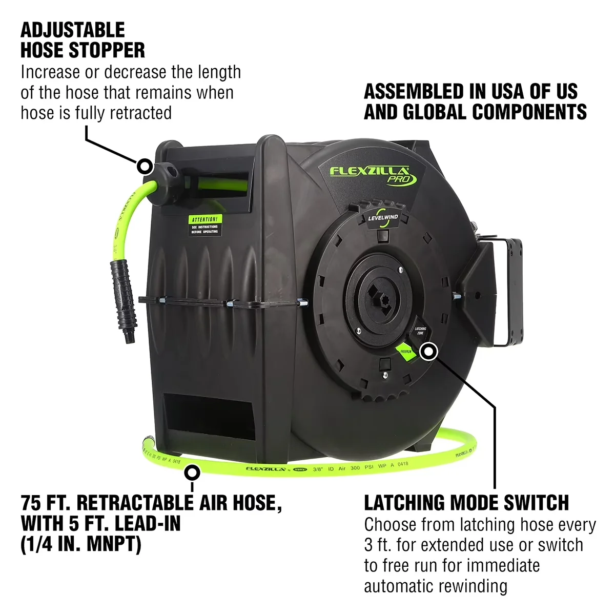 Premium Air Tools Compressor with Lightweight, 3/8" x 75' - Flexible Hybrid Polymer Green Model A34F6F