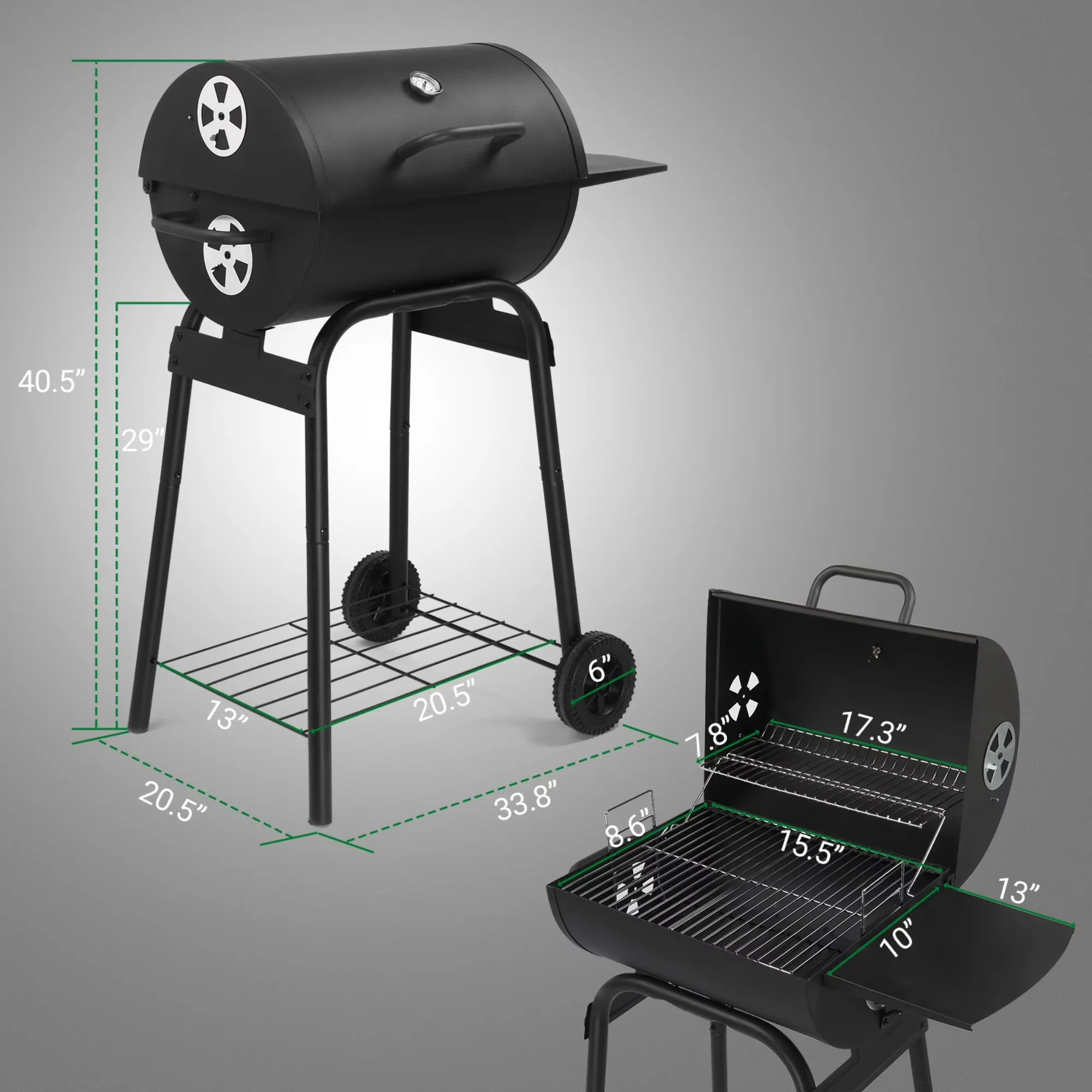 Sleek Charcoal Grill with Portable, 34" Outdoor BBQ - Iron Black for Camping, Patio Model DCD6C7
