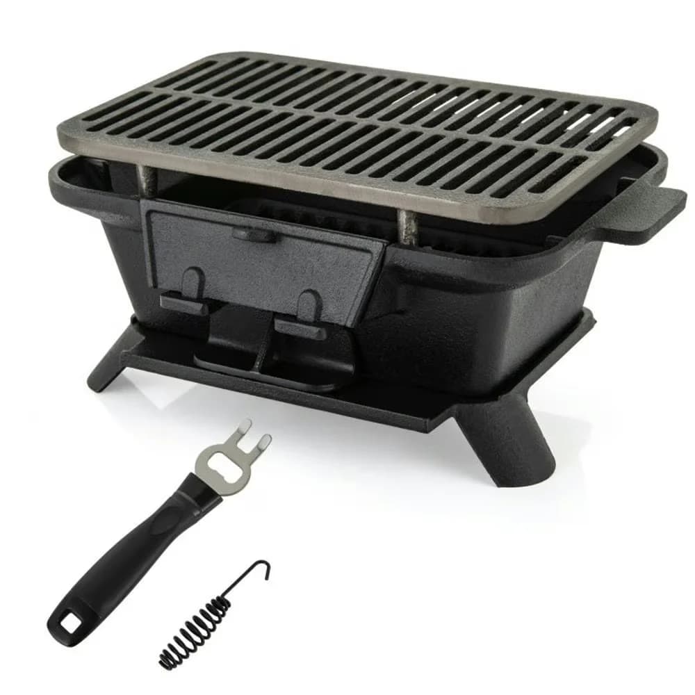 Flat Top Grill Compact with Portable, 100% Cast Iron Hibachi, Grate Lifter - Cast Iron Black for Patio, Garden Model 232A04