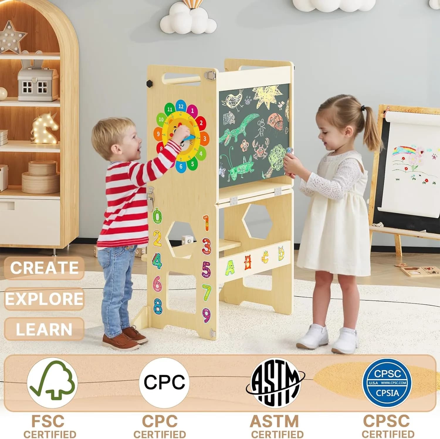 Premium Ladders And Step Stool with Foldable, Foldable Toddler Kitchen Tower, Toddler Helper - Wood Orange Model F863C4