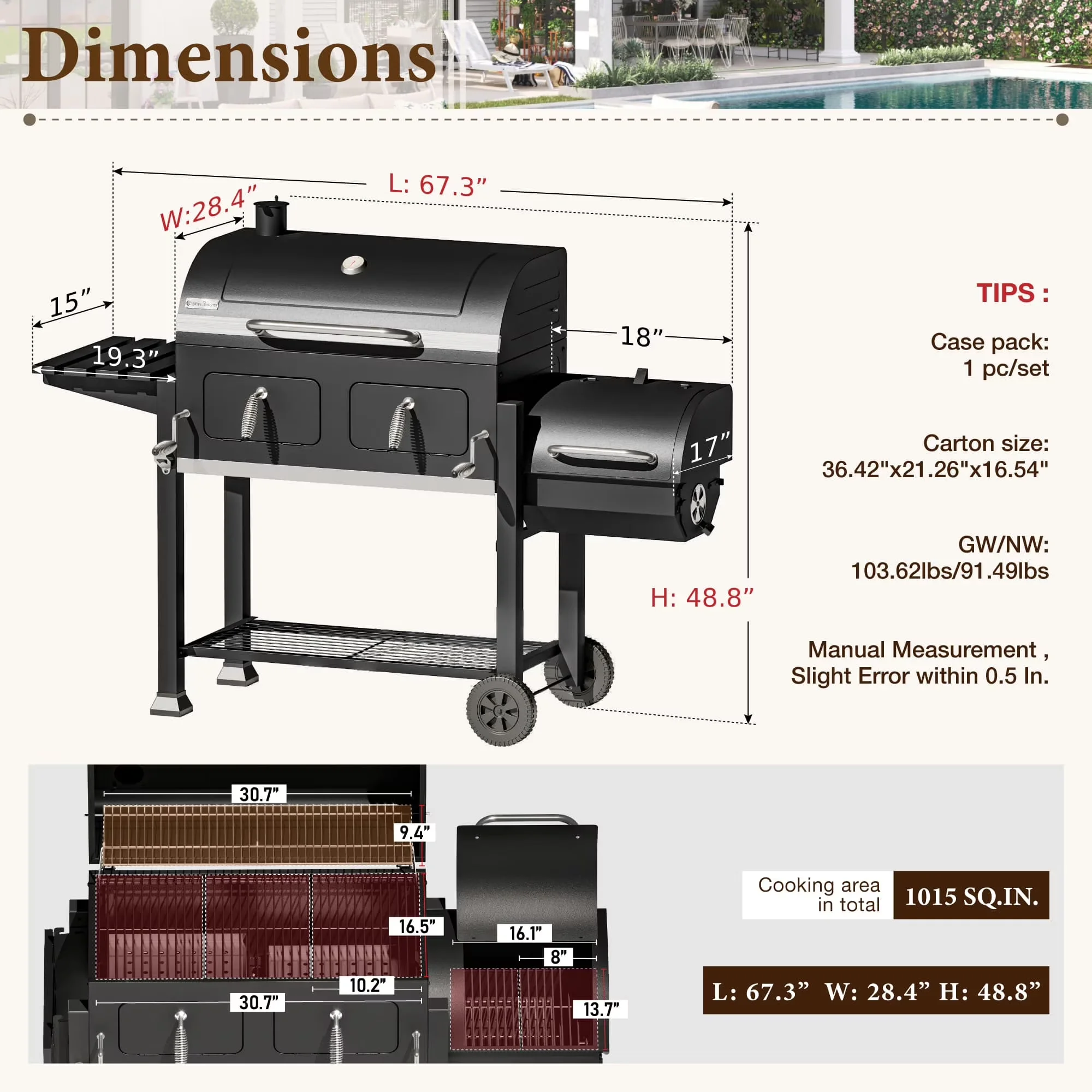 Versatile Charcoal Grill with Adjustable Air Vents, Heat Thermometer, Offset Firebox - Black Porcelain-Enameled Steel, Stainless Steel Model 314C03