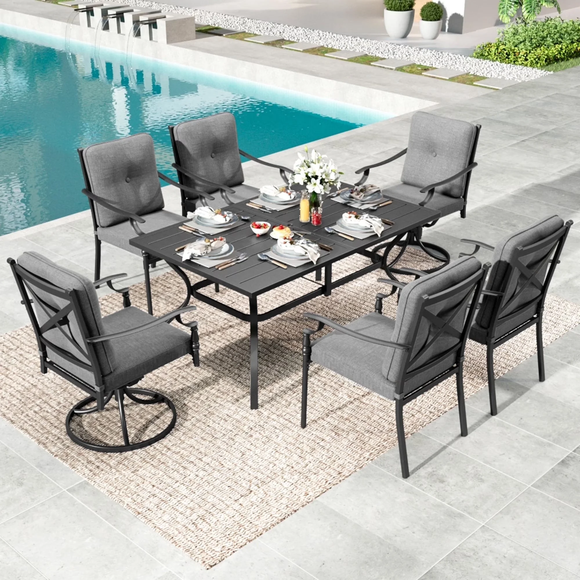Efficient Patio Dining Set with Weatherproof, 4 Fixed Chairs & 60" Table - Steel & Cushion Black Model EB9362