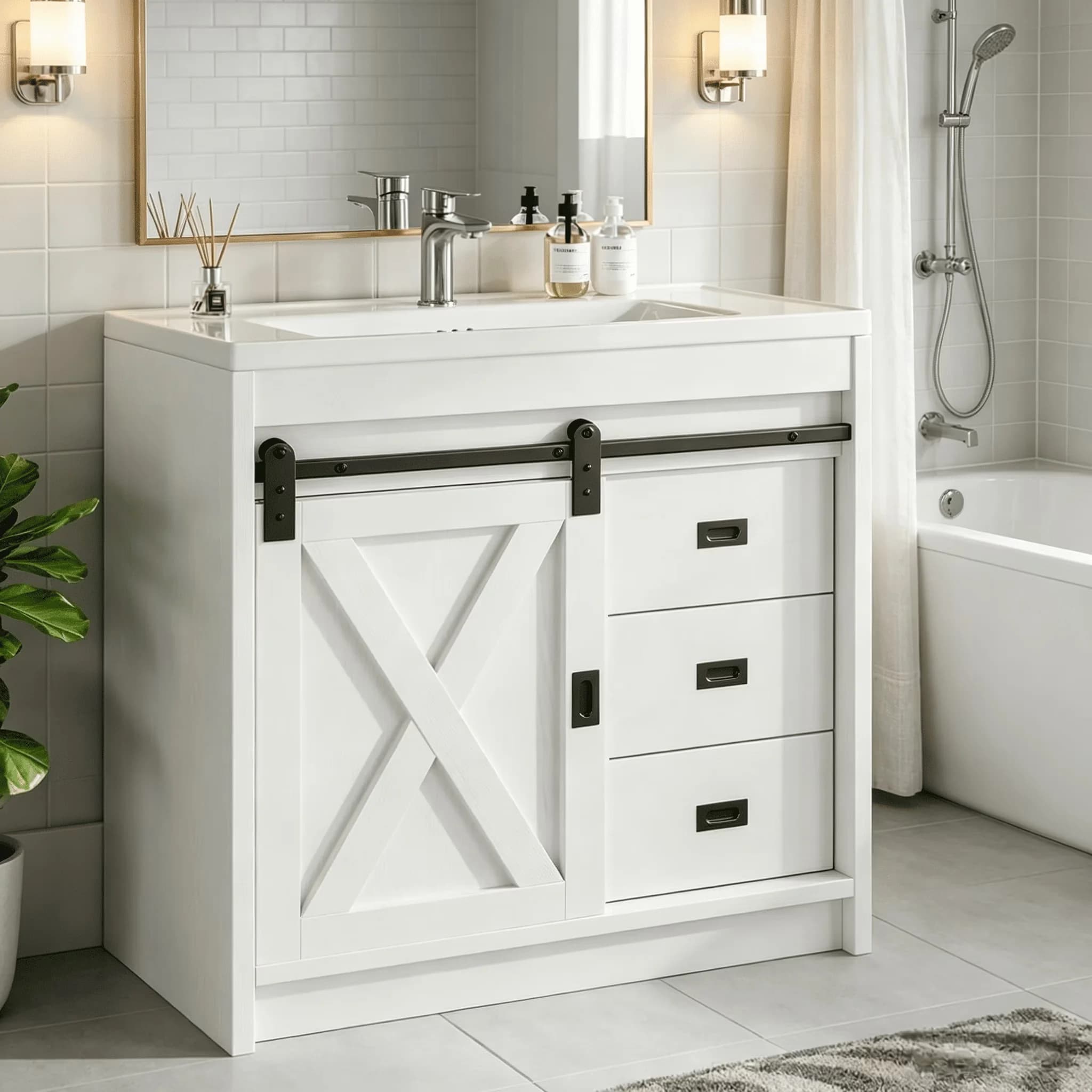 Bathroom Renovation Compact with White Storage Cabinet, Farmhouse Vanity Cabinet, 32" Vanity - Model 68957C