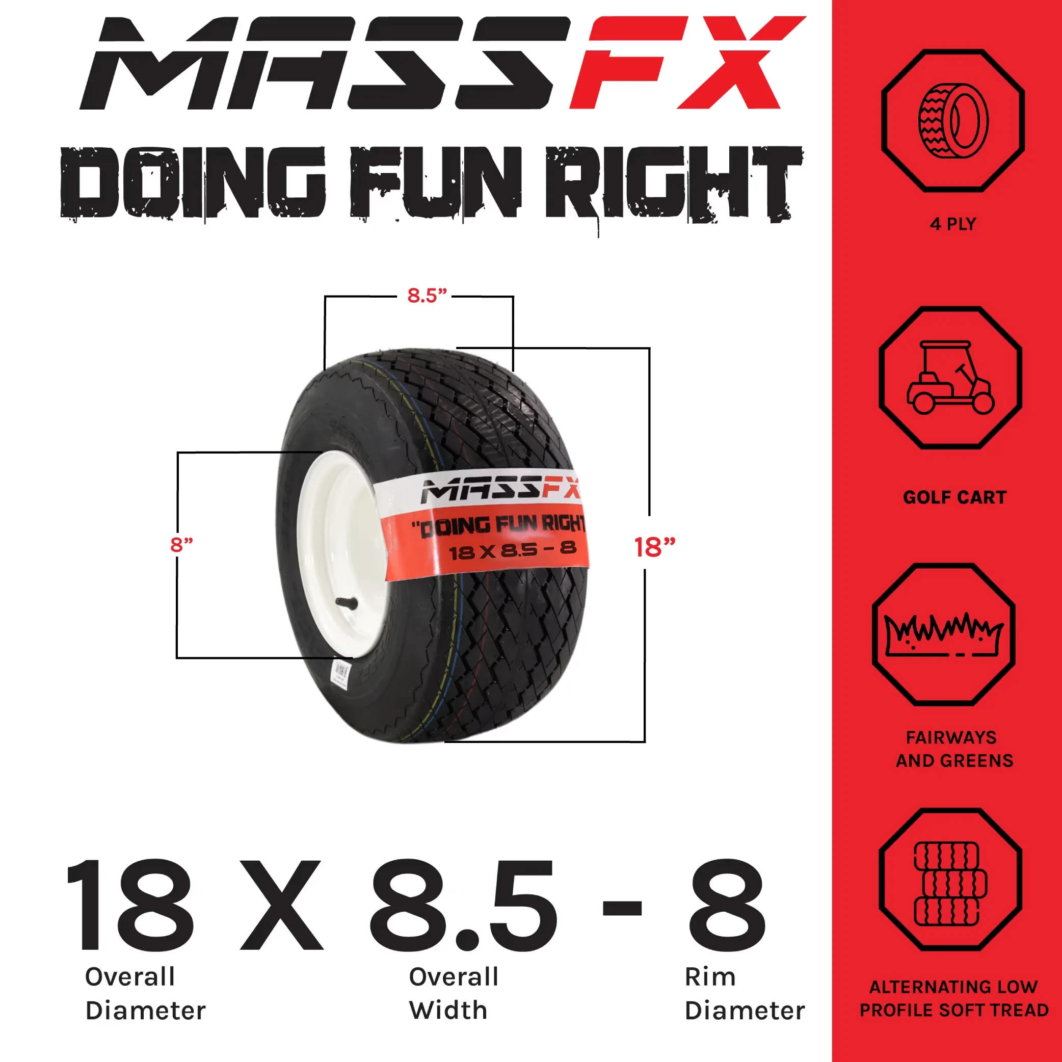 Reliable Golf Cart Tire with Durable Construction, Wheel and Combo 18x8.5-8, White 4/4 Rim 4 PACK - Model A19083