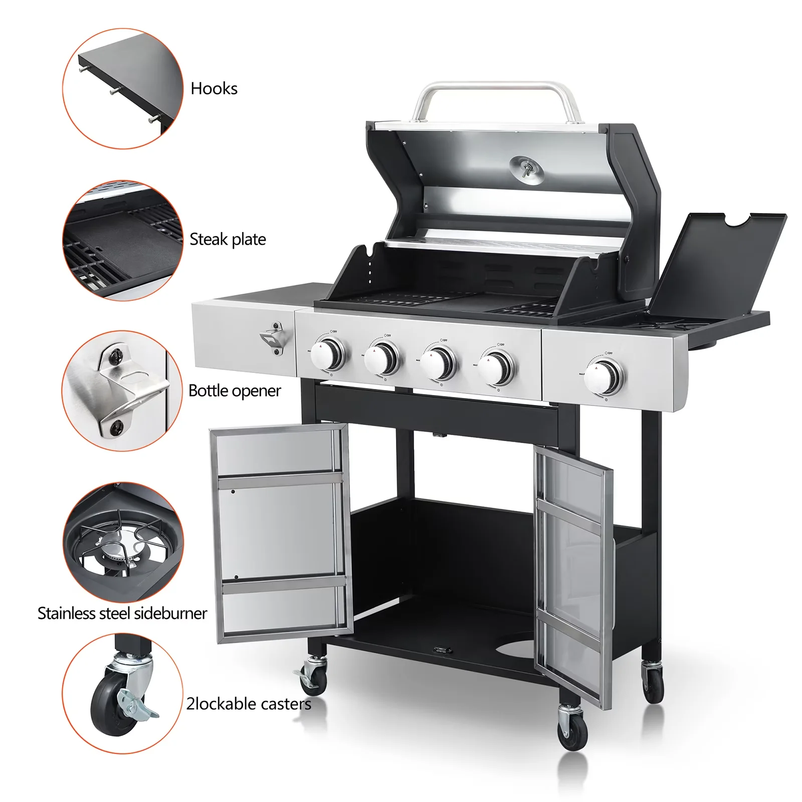 Stylish Gas Grill with 46790 BTU, Rust Resistant, Tool Holder - Silver Stainless Steel for Outdoor Model 74E46F