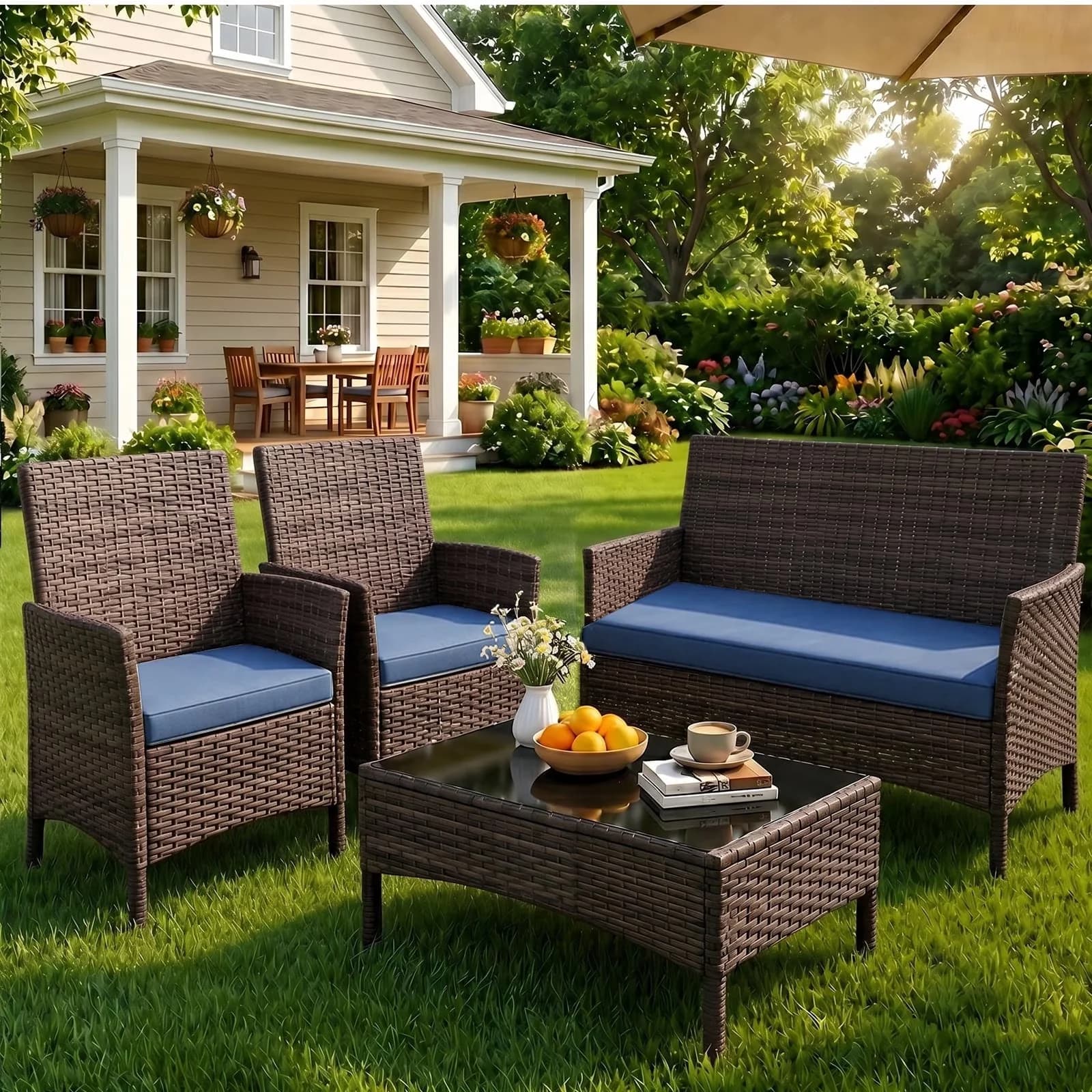 Innovative Patio Conversation Set with Weatherproof, Cushion and Loveseat Glass Table - Brown Rattan for Garden Model B5BBD3