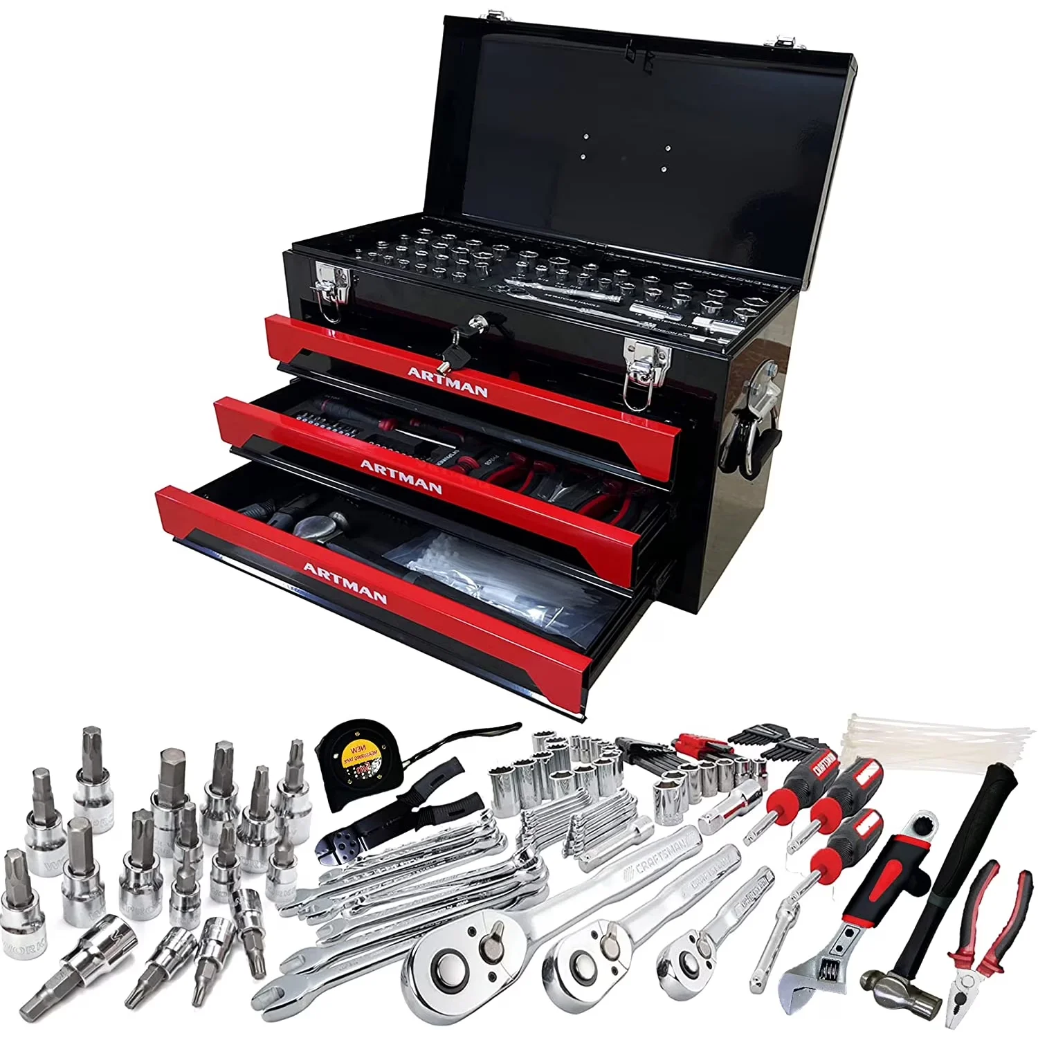 Hand Tool Set Premium with Heavy-Duty, 3-Drawer Heavy Duty Kits Box - Black Model 657C78