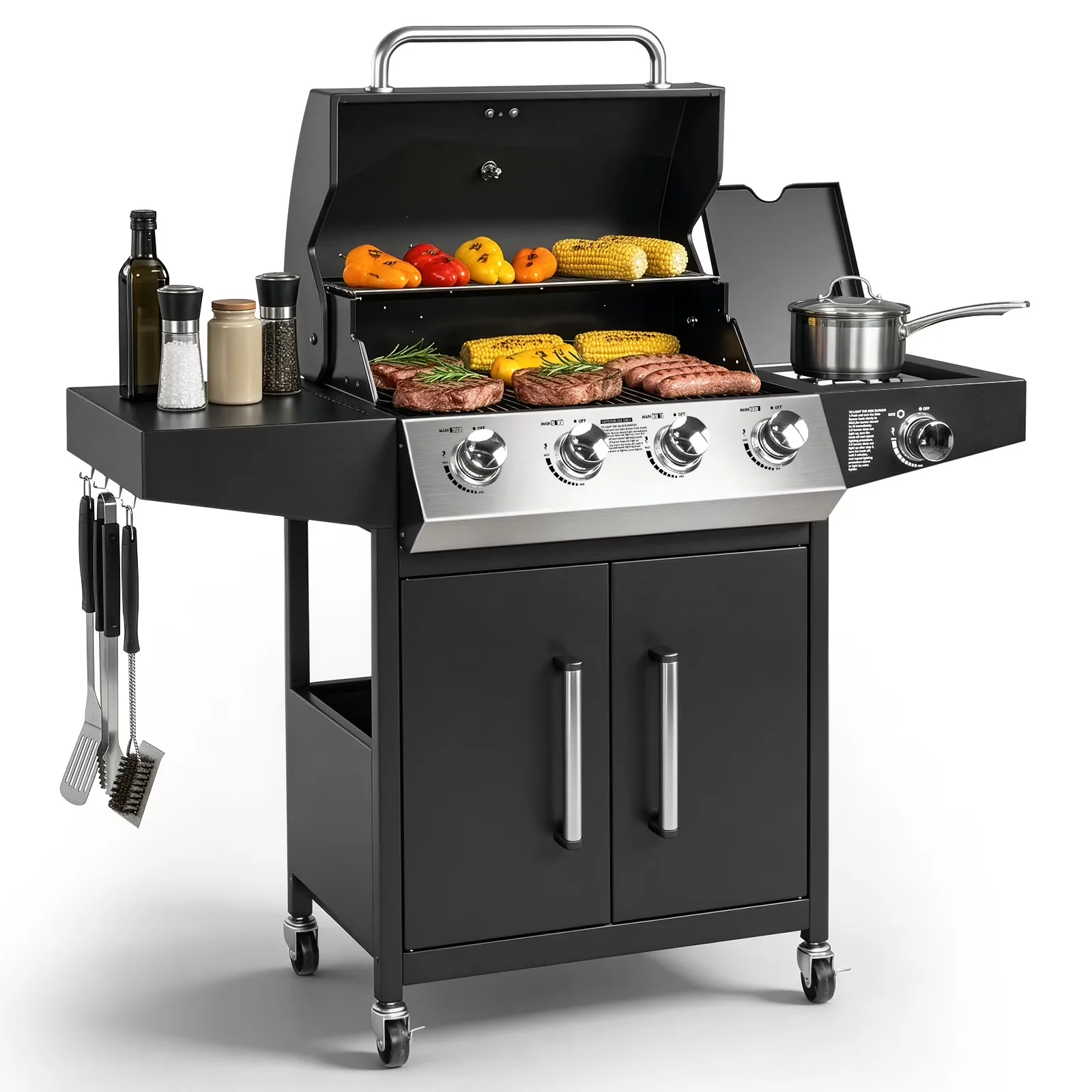 Gas Grill Efficient with 58000 BTU, Rust Resistant, Storage Rack - Stainless Steel Black Model 480560