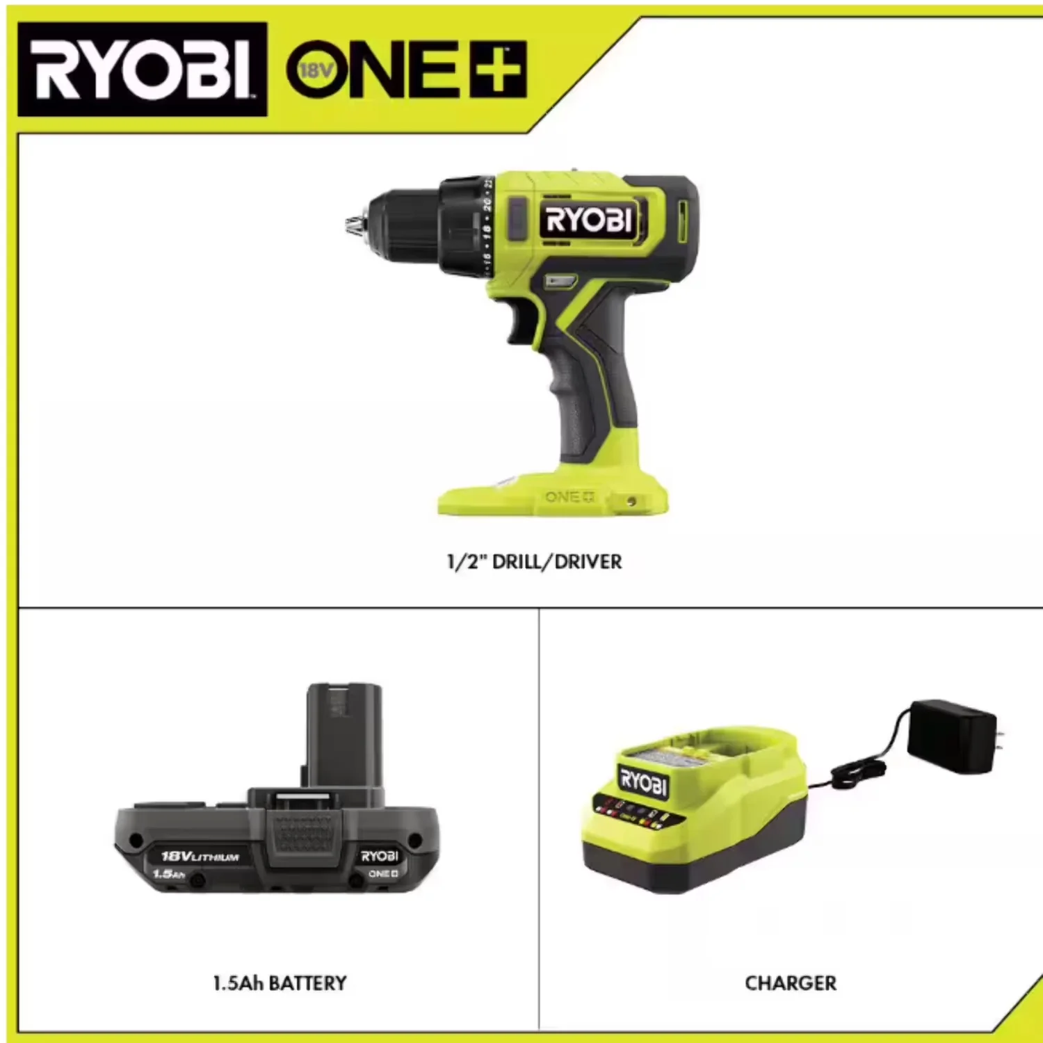 Durable Drills Driver with Battery, 18V, Variable Speed - Green 1/2 inch Model 2C968E