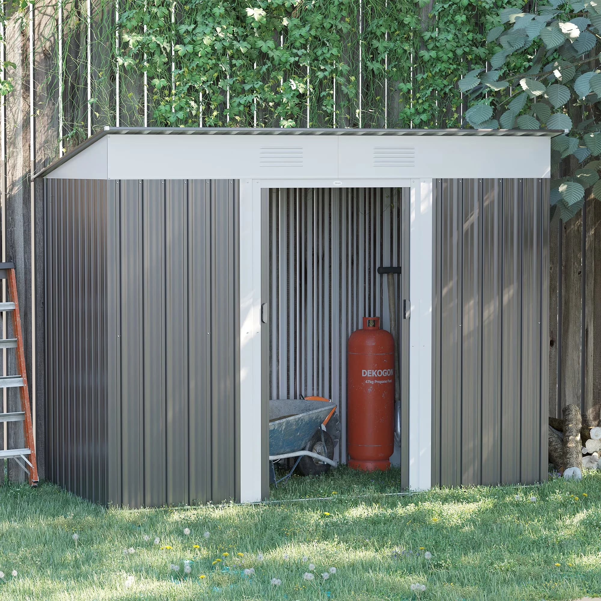 Innovative Shed with Water-Resistant, Color: Gray, White, Inner Size: 89" L x 39" W - Steel Gray Model 9034A2
