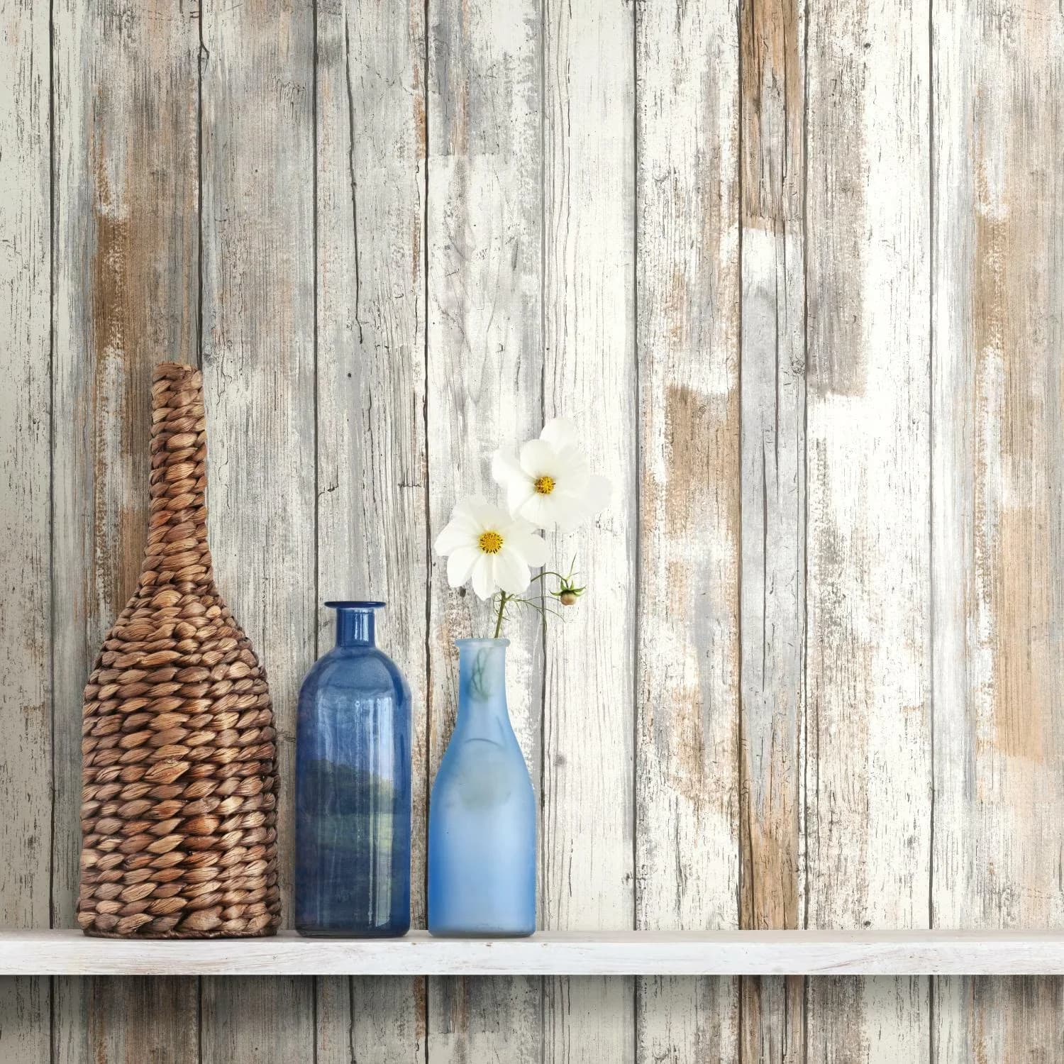 Innovative Wallpaper with Durable, Removable, Tan Woodplank Peel and Stick - White Vinyl Model B626BA