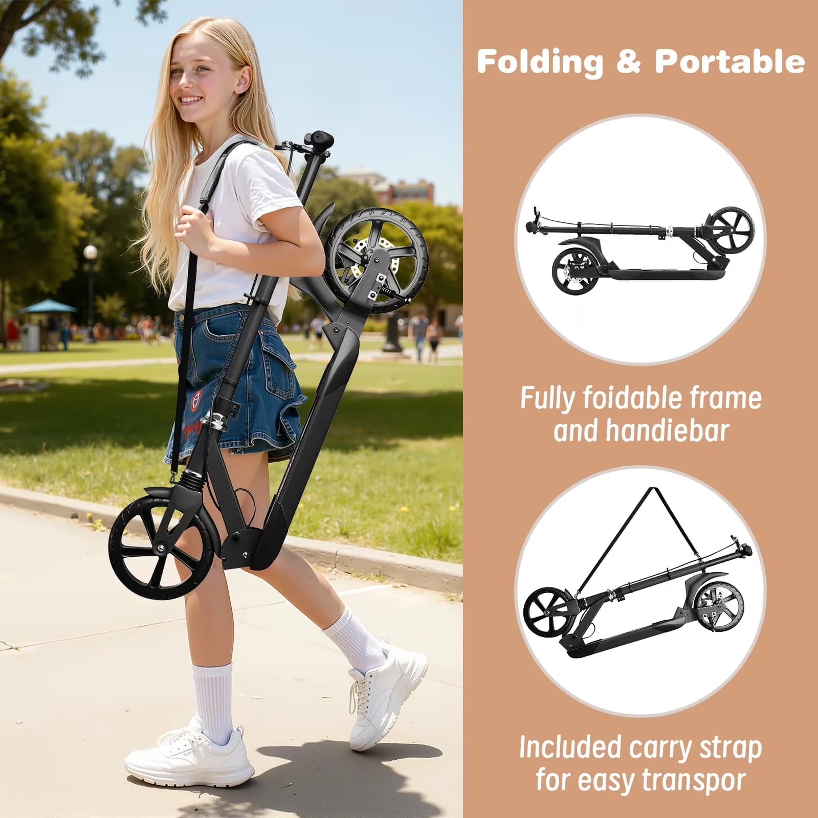 Sleek Scooter with Lightweight, Portable, Kick - Aluminum, Pu Black - Durable Build Model 79694F