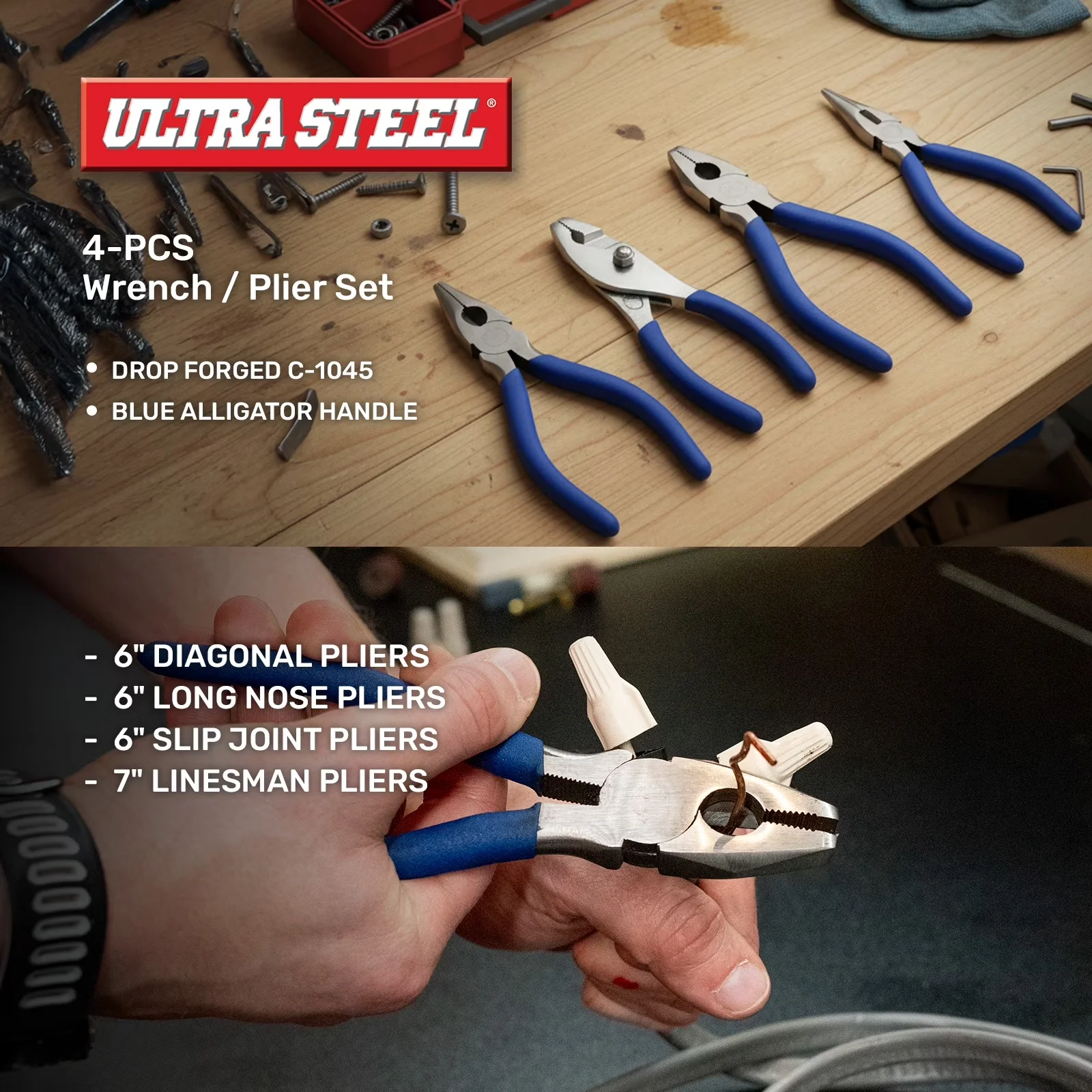 Hand Tool Set Sleek with Easy To Operate, 10PC Adjustable Wrenches & Locking Plier - Silver Model 6D2161