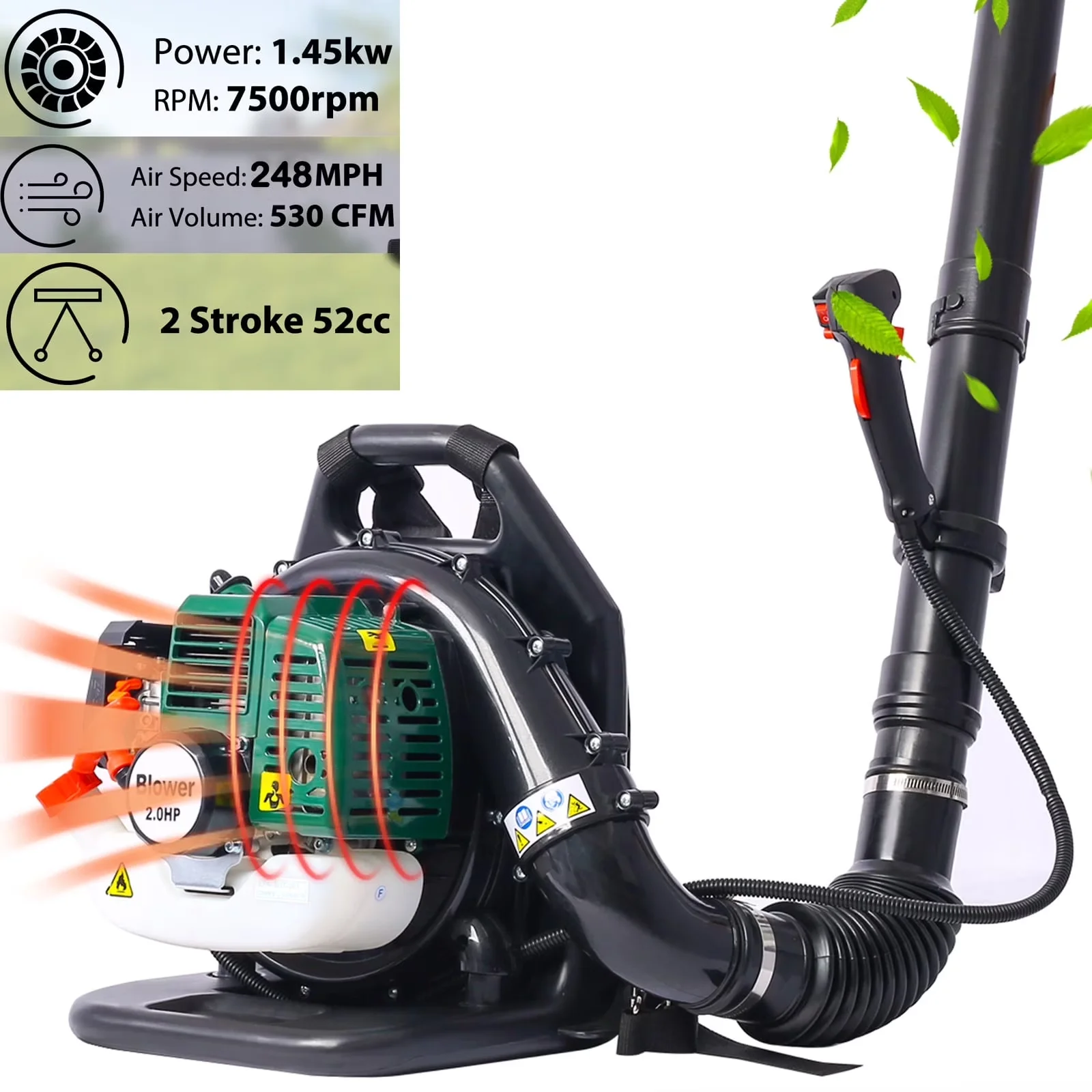 Efficient Leaf Blower with Adjustable Handle & Extended Tube, Backpack Gas Powered 52CC - Model A12ACC