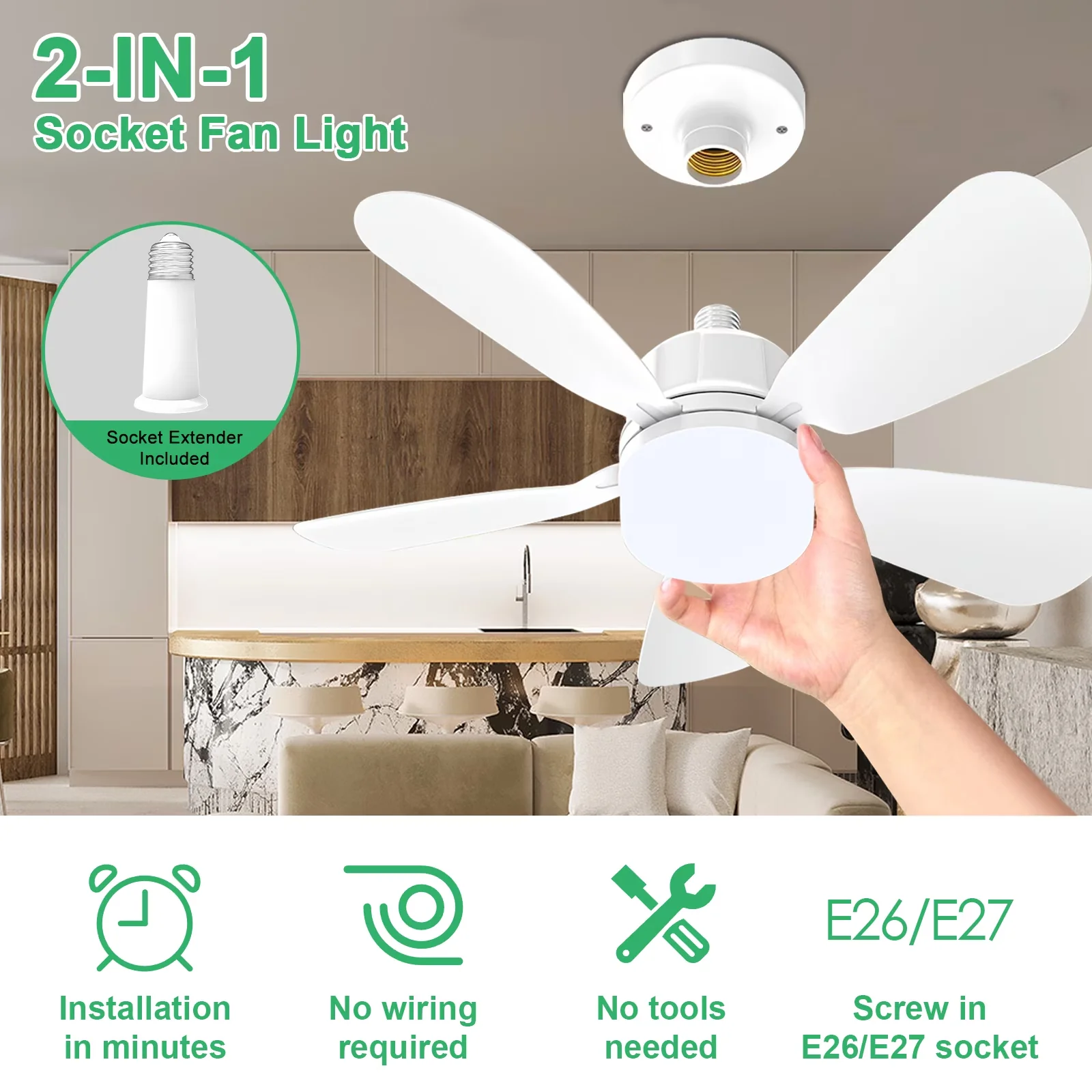 Modern Ceiling Fan with LED, 26W, Dimmable - White E26 - Industrial Grade Model CA7C7A