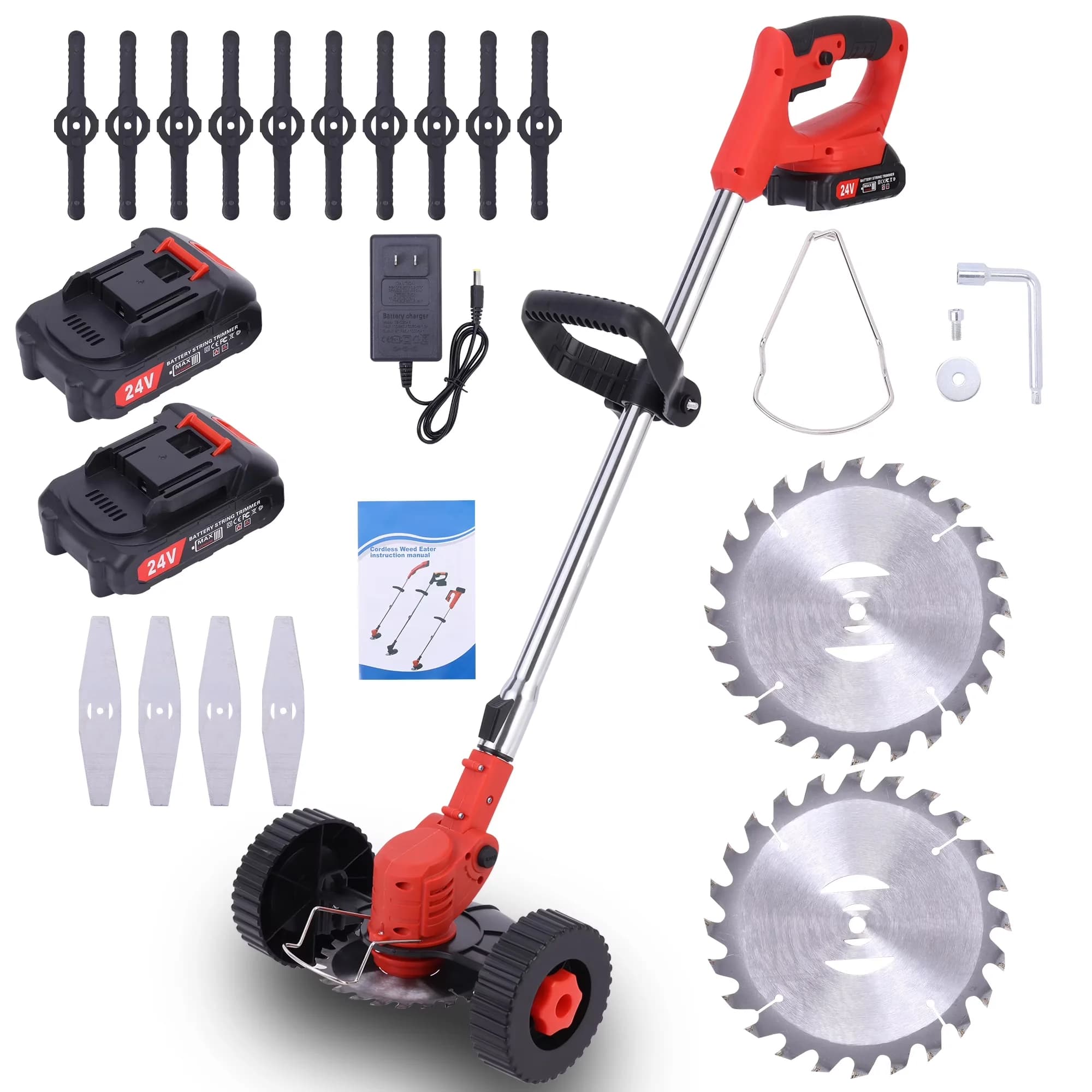 Quality String Trimmer with Battery, 24V, Wheels & 2 Batteries - Red - Standard Series Model 567802