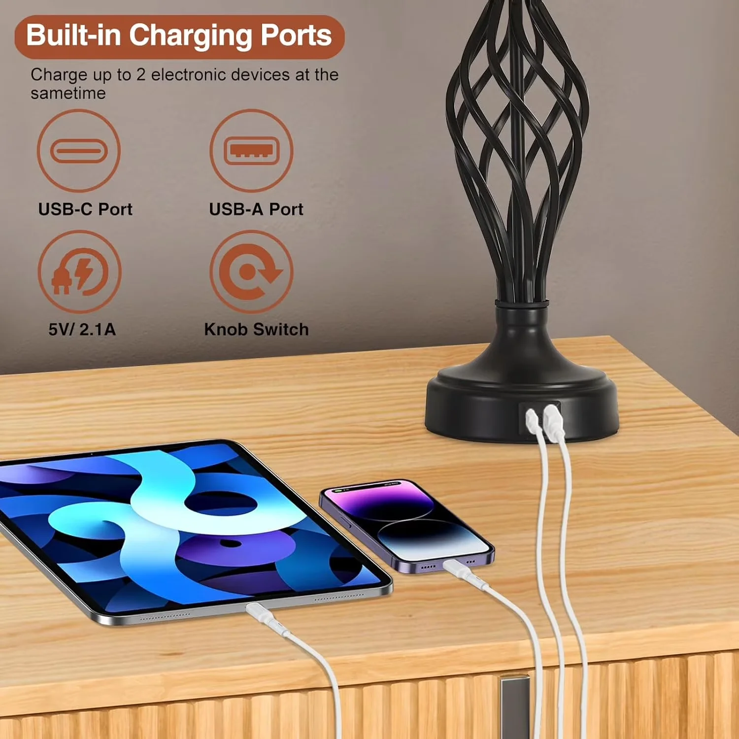 Modern Lamp Set with LED, Usb Port, Table Lamps of 2 - Black Metal,Fabric Model 7D327B