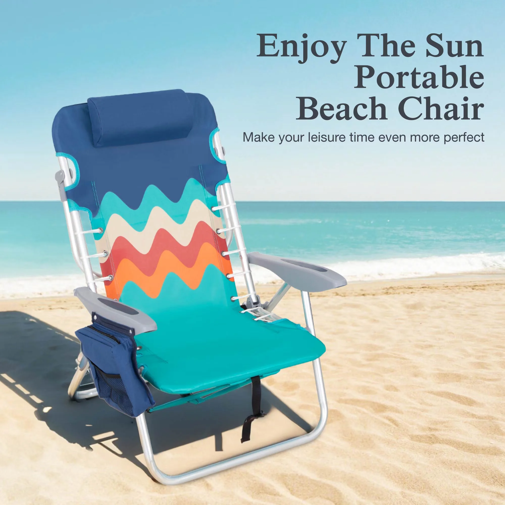 Premium Beach Chair with Folding, Blue, 4 Adjustable Positions & Cooler Bag - Blue Model 2EFFD9