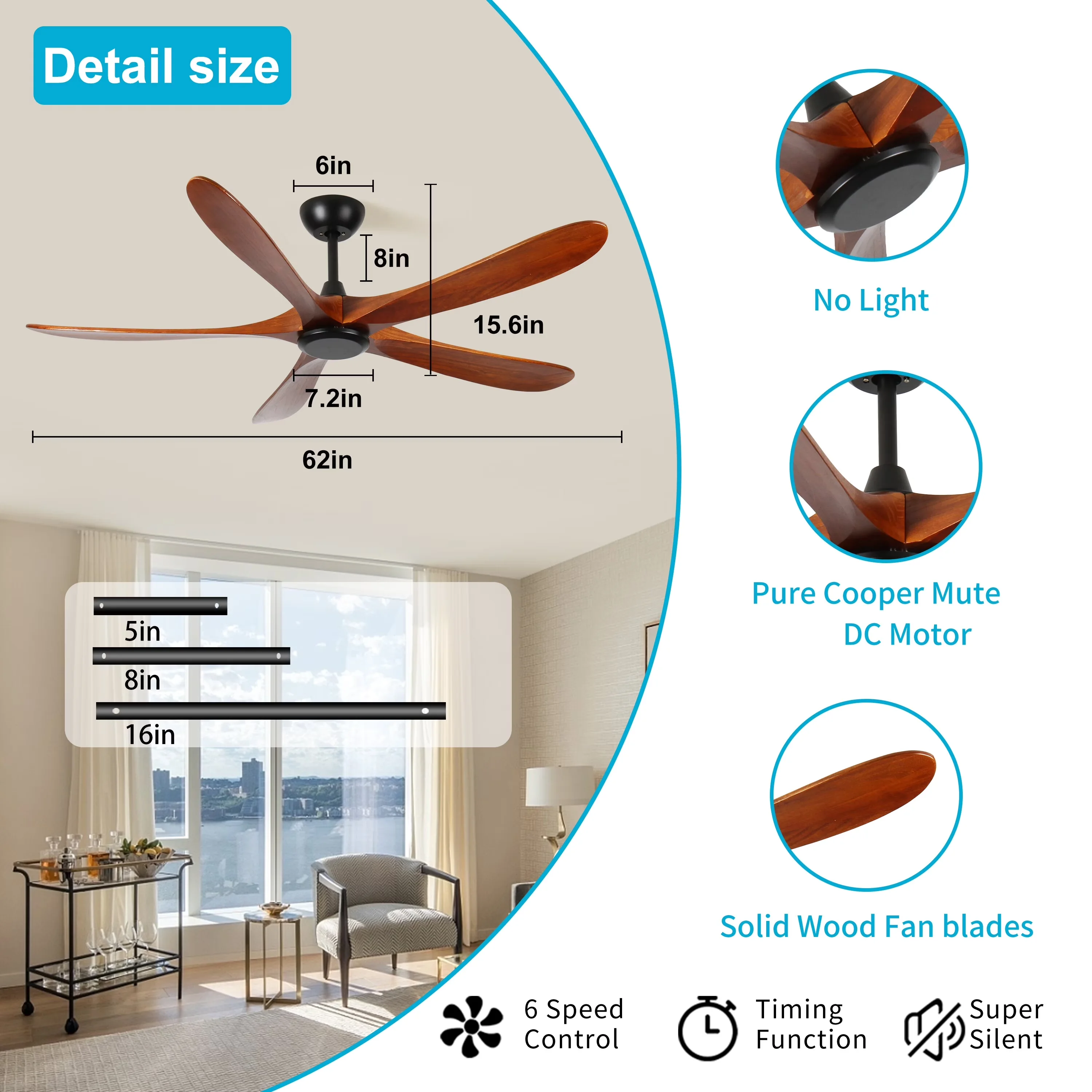 Sleek Ceiling Fan with Remote Controlled, Reverse Airflow, 62" Wood - Black Model A738FC