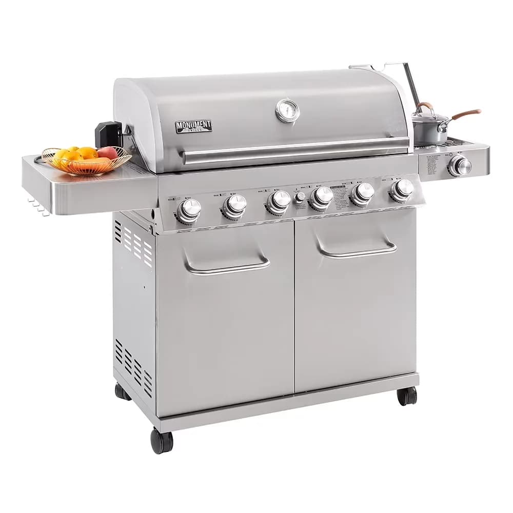 Compact Gas Grill with LED, Grease Pan, Heat Thermometer - Silver Stainless Steel Model 0E4031