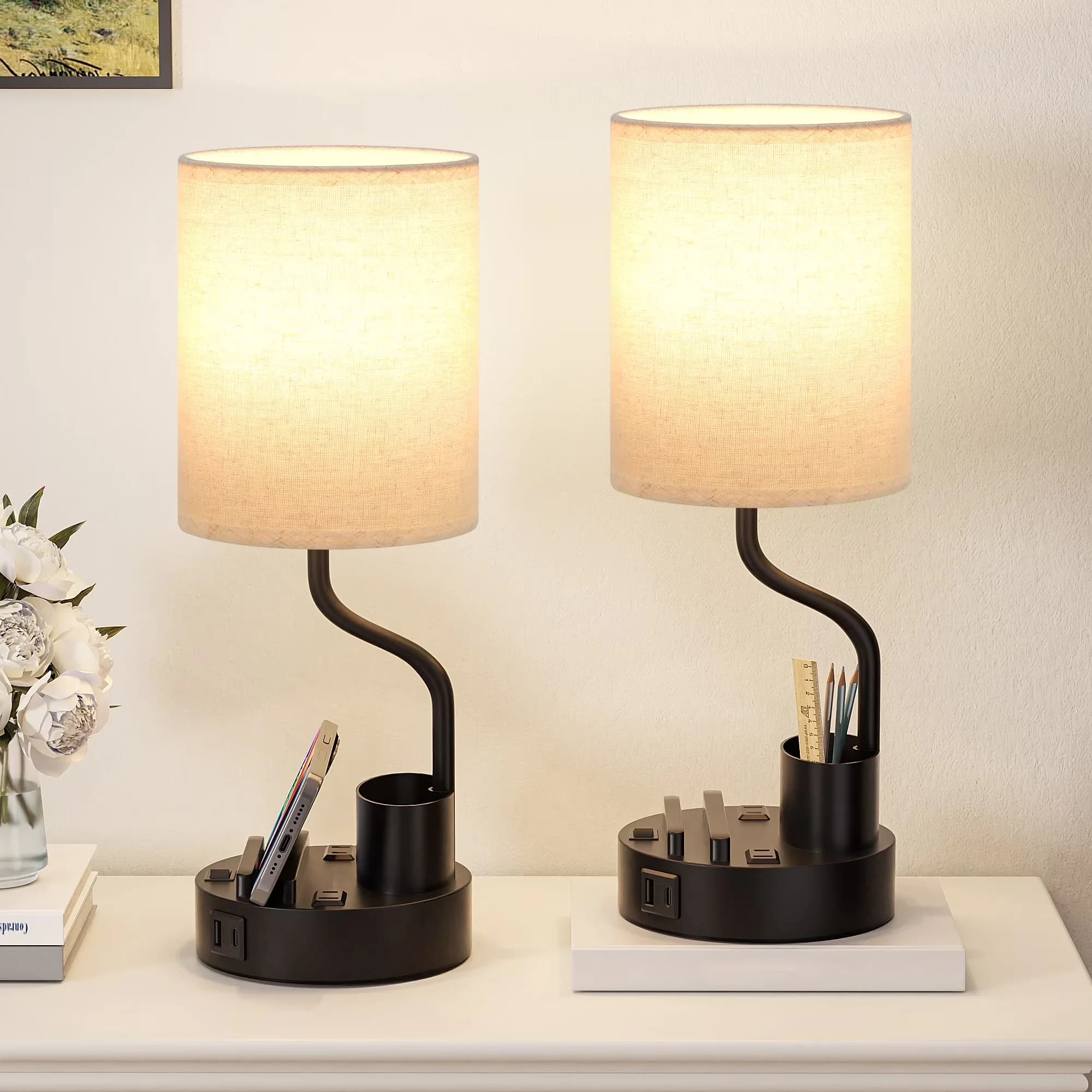 Reliable Lamp Set with LED, Usb Port - Metal Beige, Black for Bedroom, Office Model 70911F