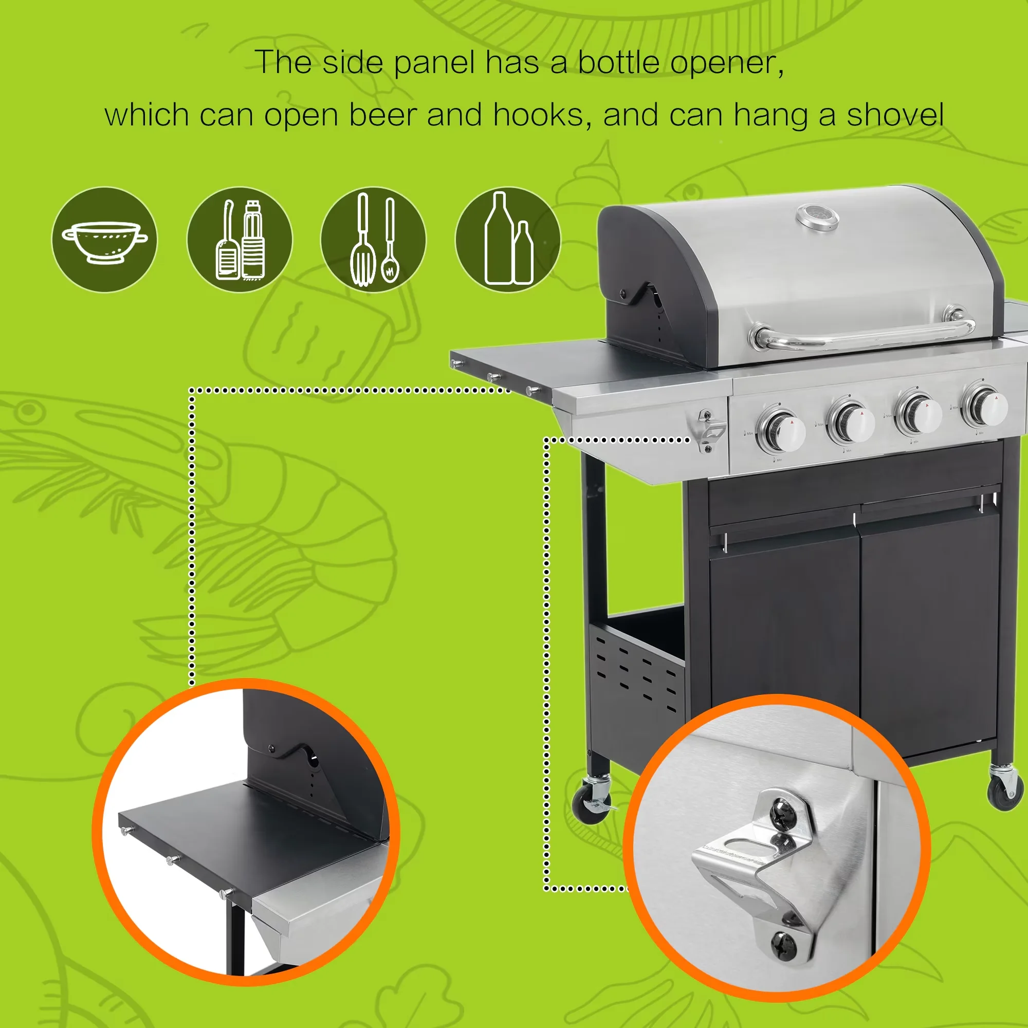 Sleek Flat Top Grill with Foldable Legs, Storage Rack, 4-Burner Black Propane Gas - Black Iron Model 0A2C03