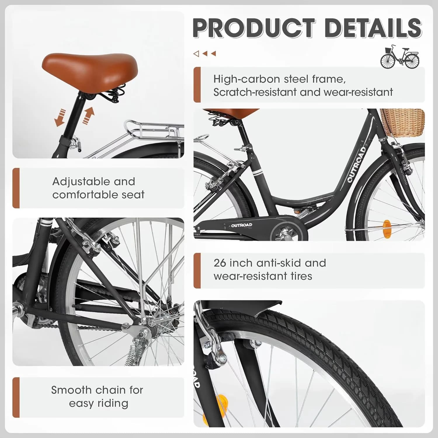 Efficient Cruiser Bike with Adjustable Seat Height, 26 inch Beach & City Bicycle - Model E50480