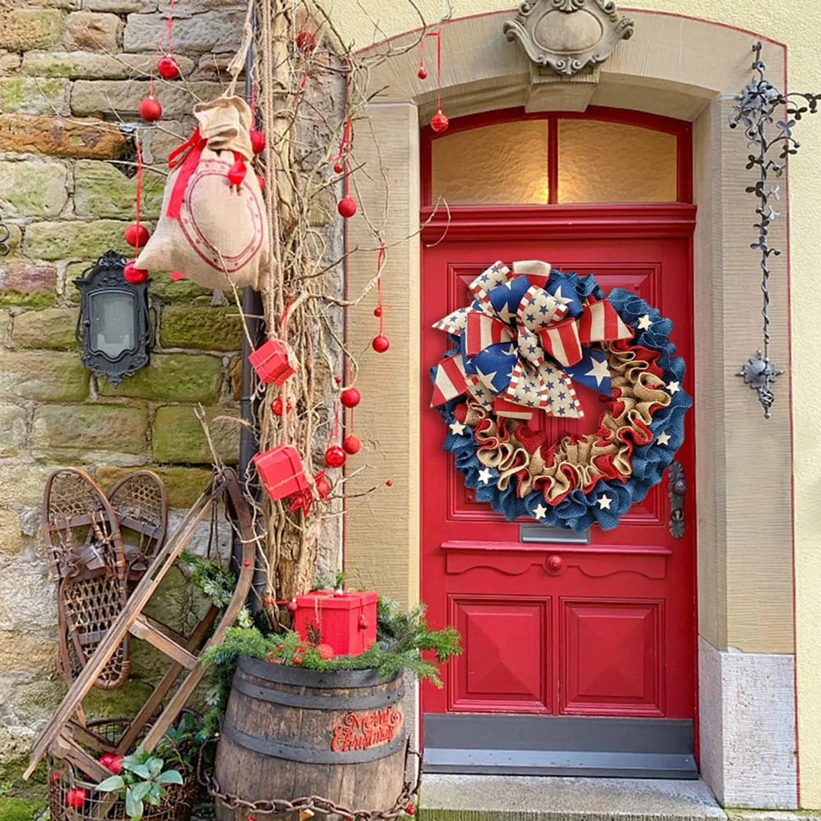 Led Lighting Innovative with American Flag Bow, Red White Blue Ruffled Wreath, 16" Patriotic Burlap Wreath - Cloth Red Model 05DC2D