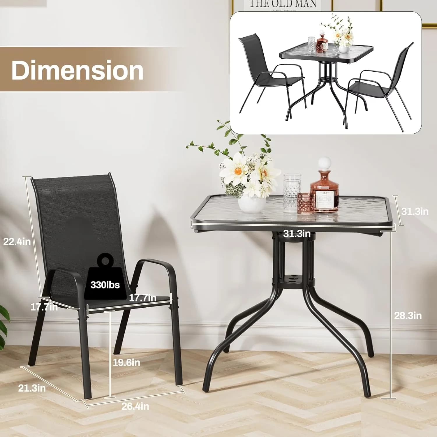 Versatile Patio Dining Set with Storage, Glass Tabletop - Metal, Glass, Textilene Black Model 8D7E2C