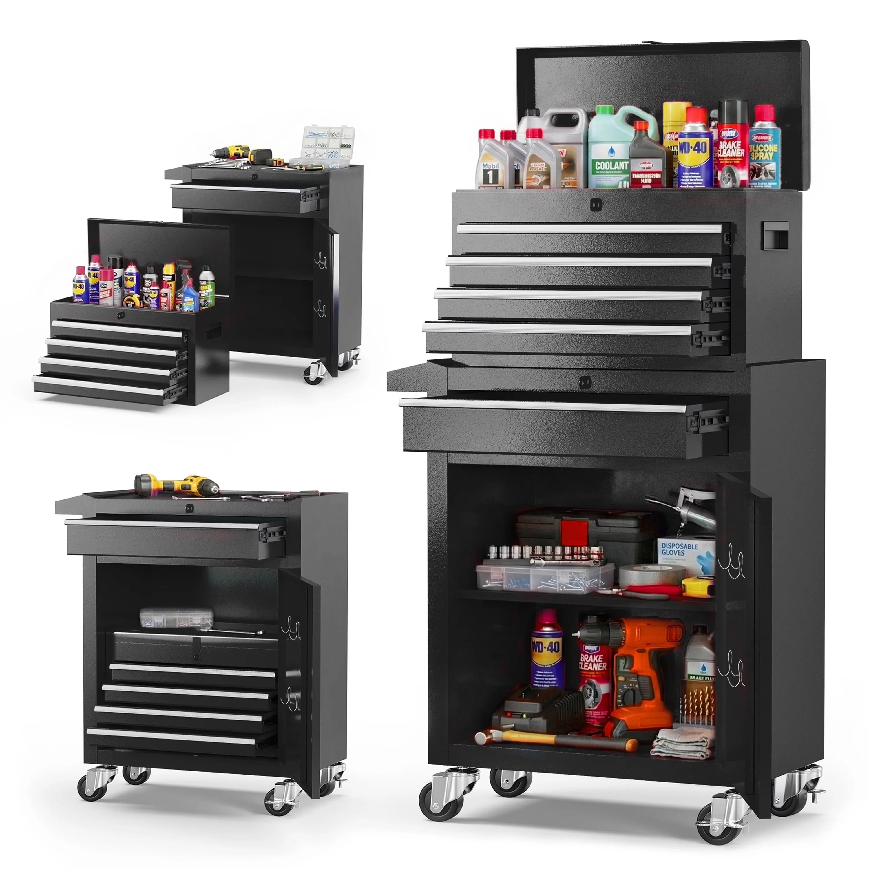 Modern Toolstorage with Caster Wheels, Adjustable, Detachable Top Tool Box - Black Iron Model 331F20