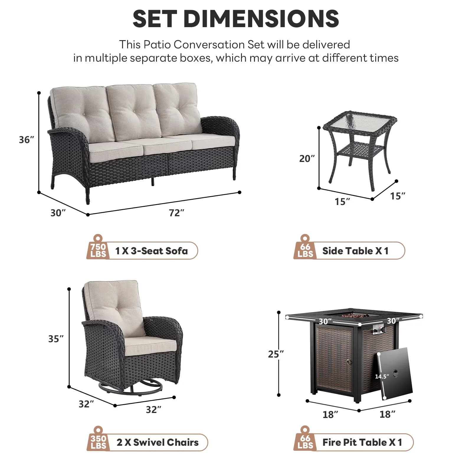Patio Conversation Set Sleek with Weatherproof, 30" Propane Fire Pit Table - Wicker Black Model 1778D9