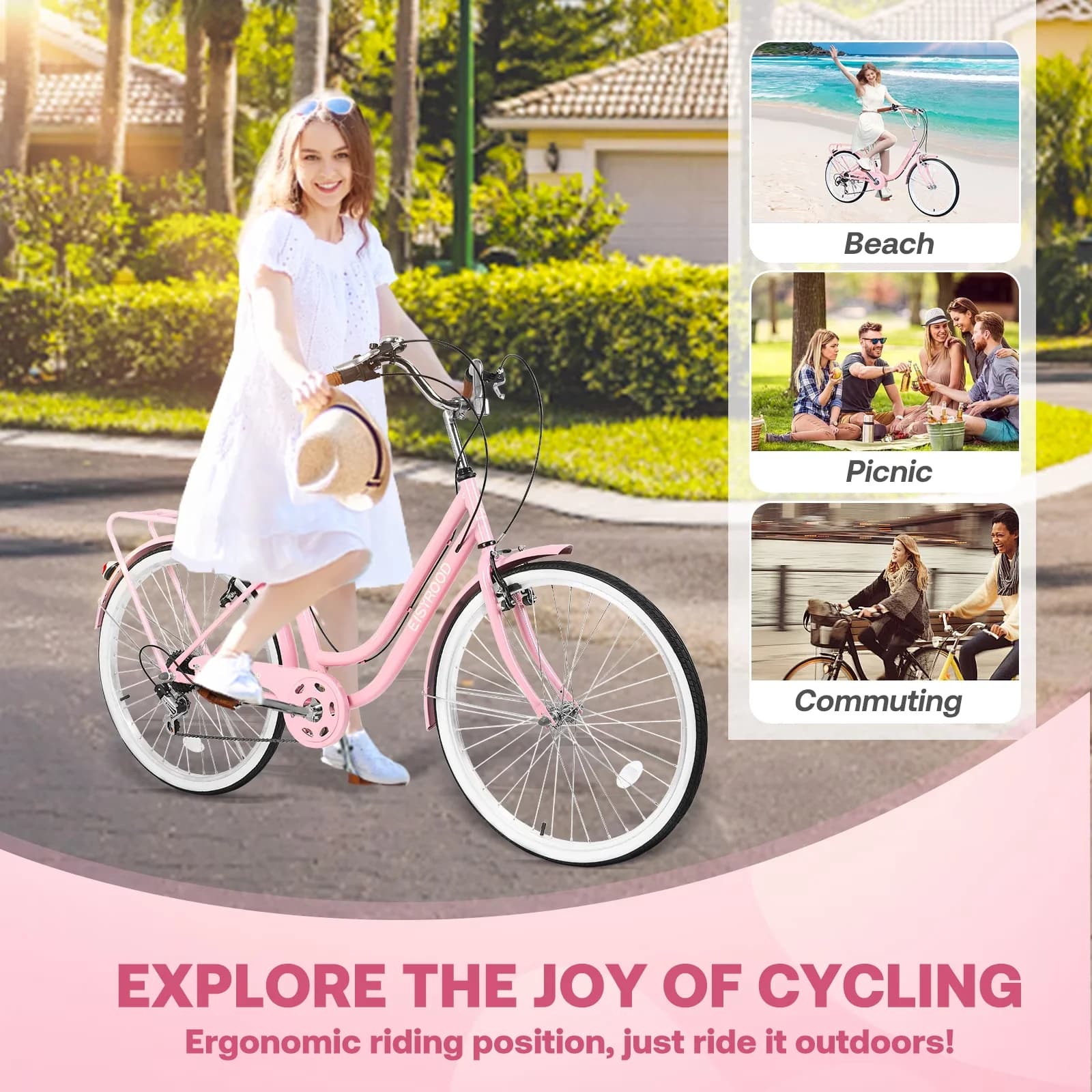 Cruiser Bike Innovative with Adjustable Seat Height, Adjustable Seat, Overall Product Weight: 39.69 LB - Pink Model 433EFC