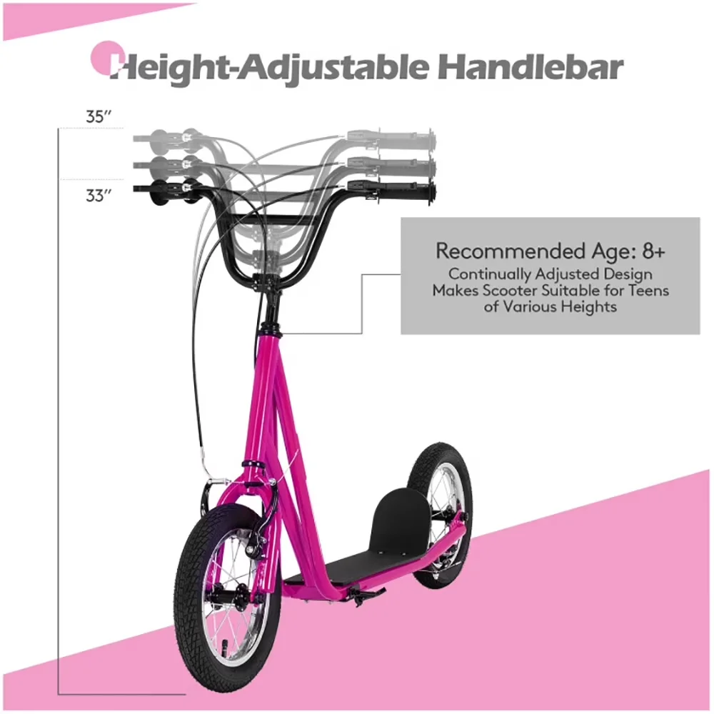 Scooter Durable with Children Bicycle Toys, 12" Air Filled Wheel - Pink Carbon Steel Model 832F6E