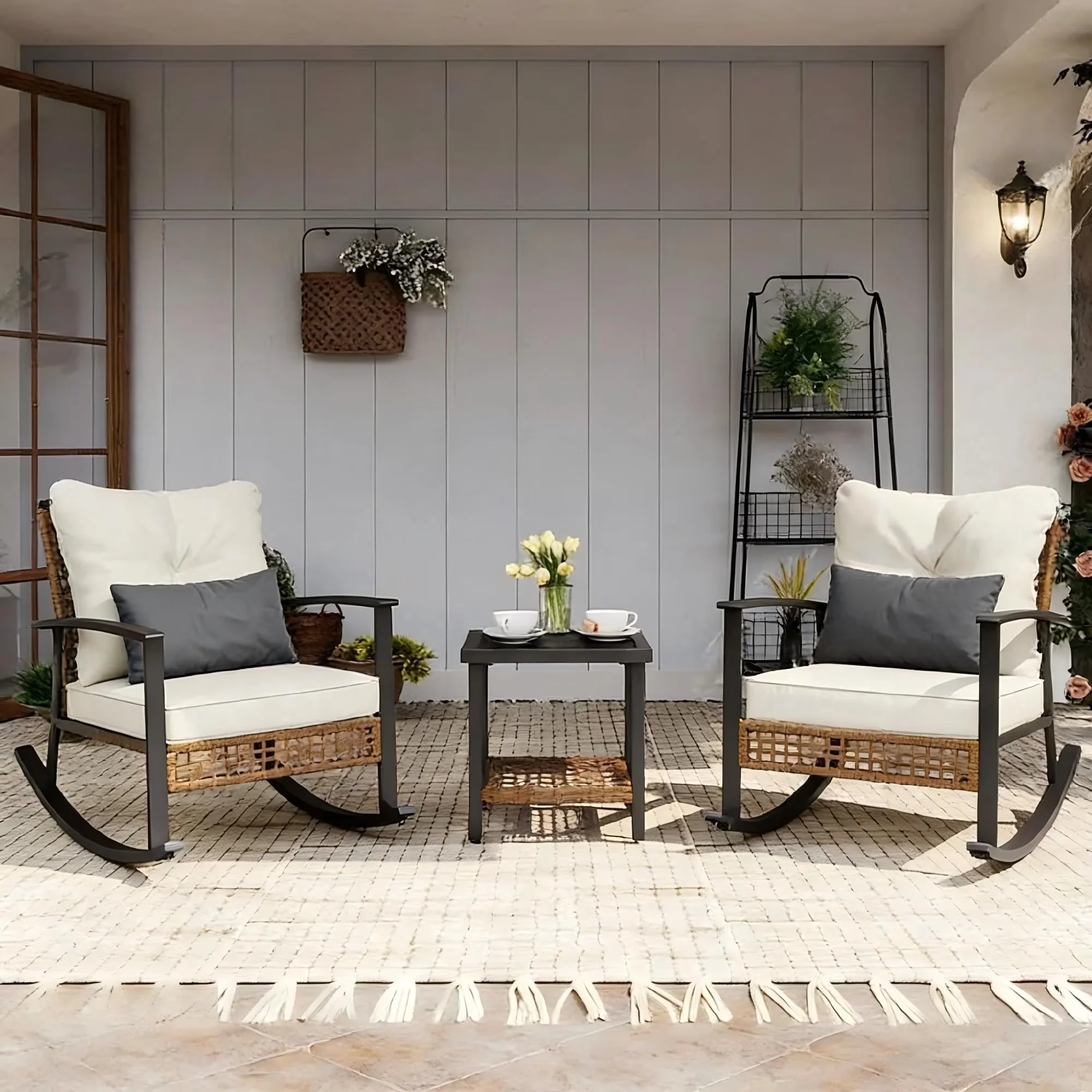 Reliable Patio Conversation Set with Reclining, Lumbar Pillows and Coffee Table - Pe Rattan, Metal Brown Model D0C302